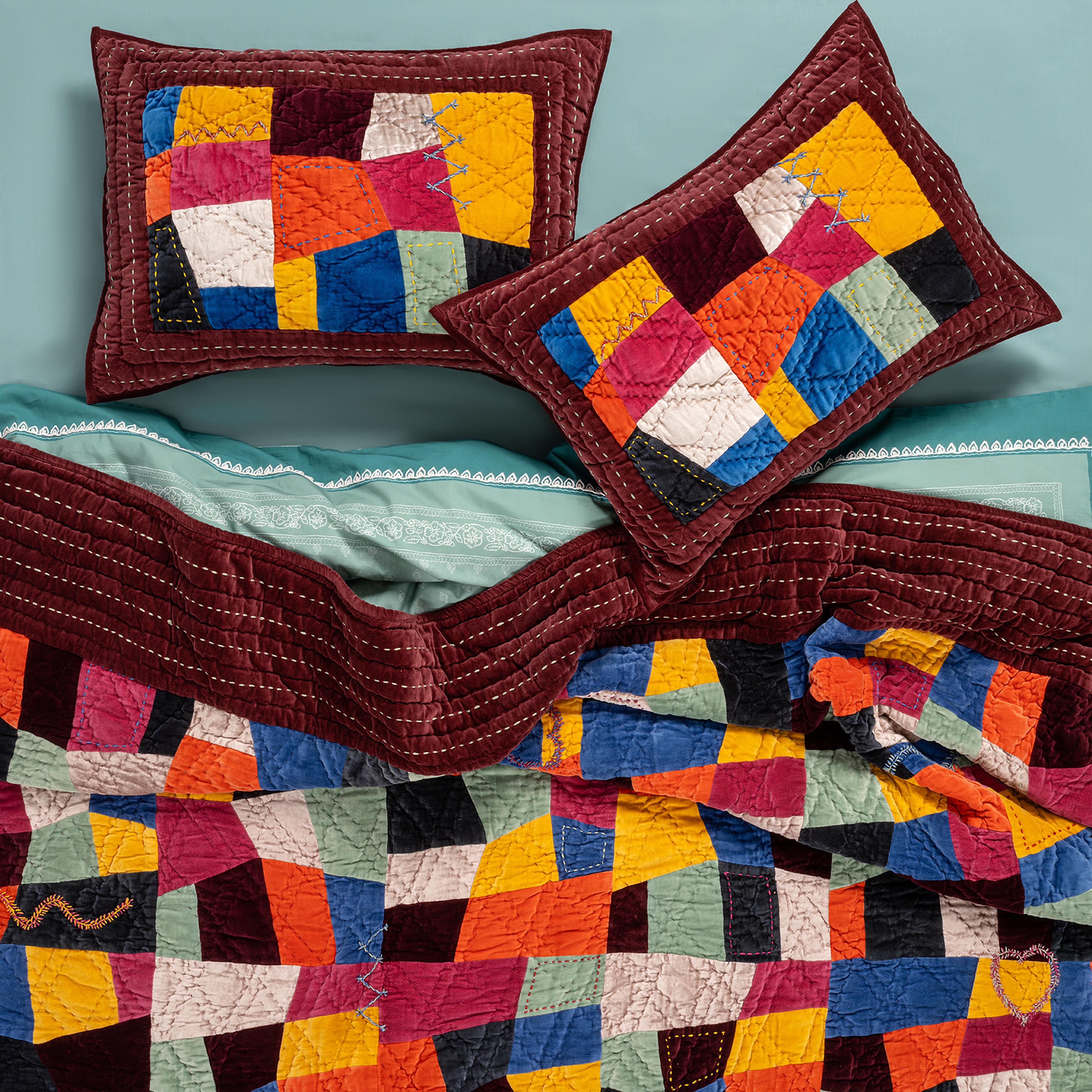 Okhla El İşi Kapitoneli Çift Kişilik Pamuk Kadife Yatak Örtüsü Seti 240x260 Cm Renkli