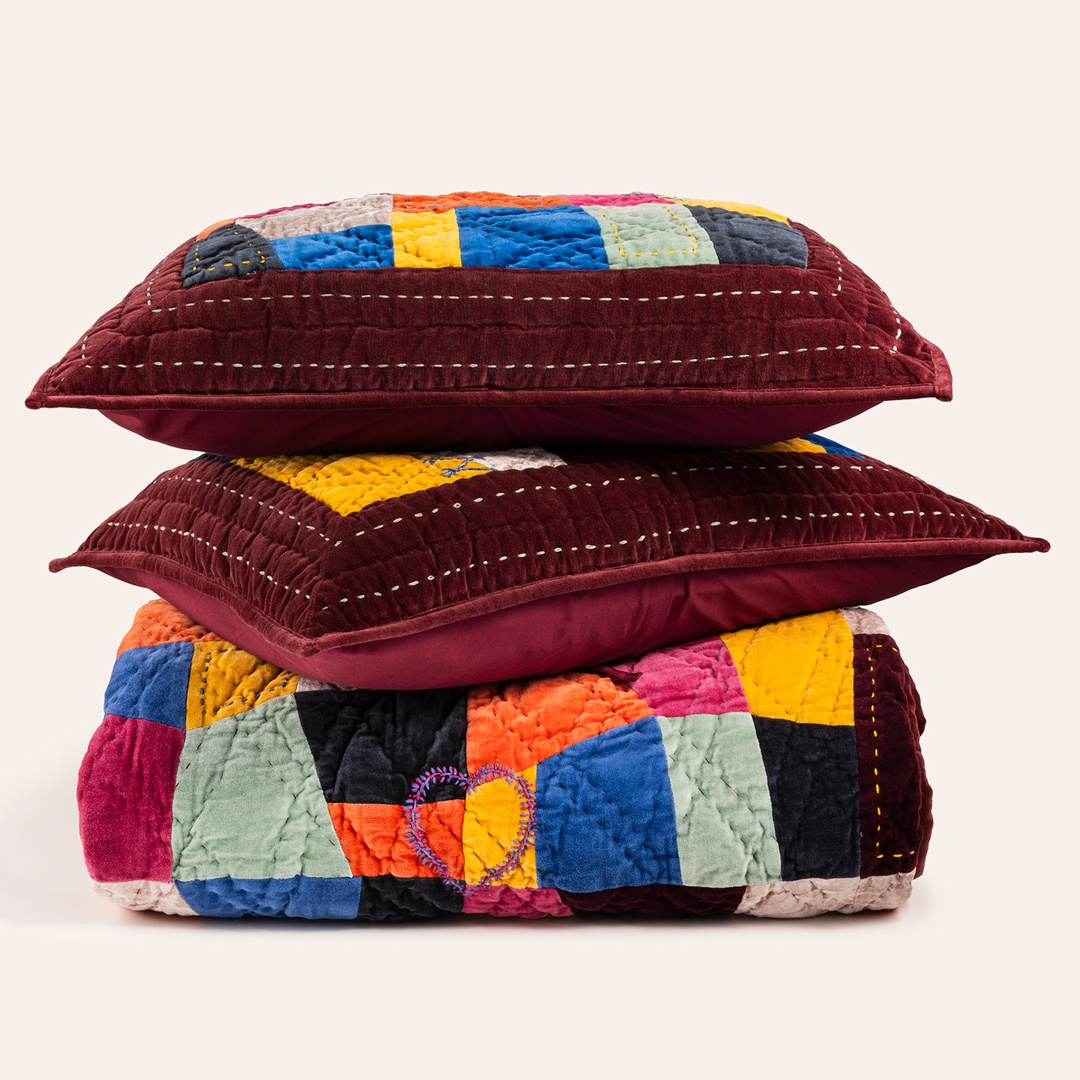 Okhla Renkli Kıng Sıze Pamuk Kadife Yatak Örtüsü Seti