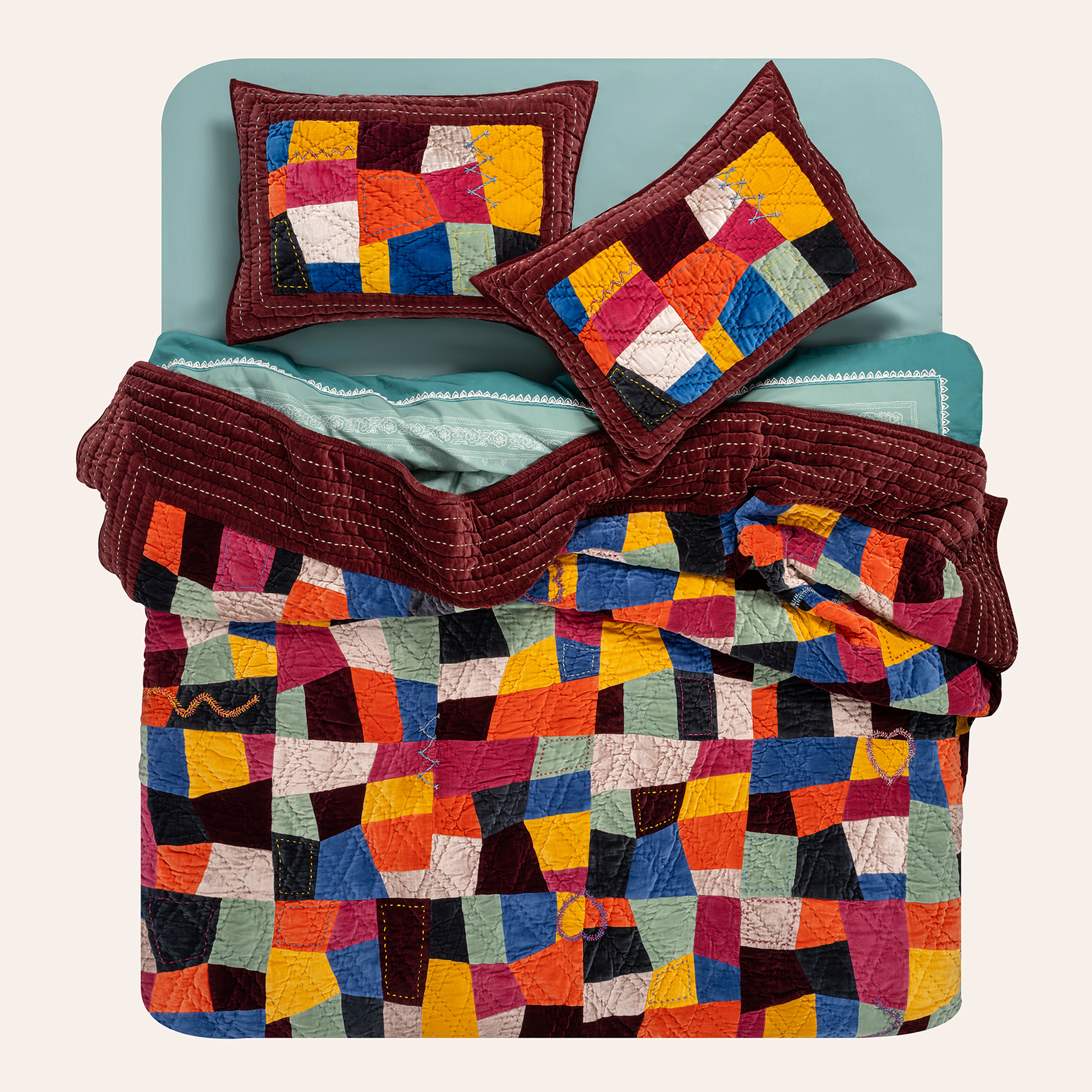 Okhla Renkli Kıng Sıze Pamuk Kadife Yatak Örtüsü Seti