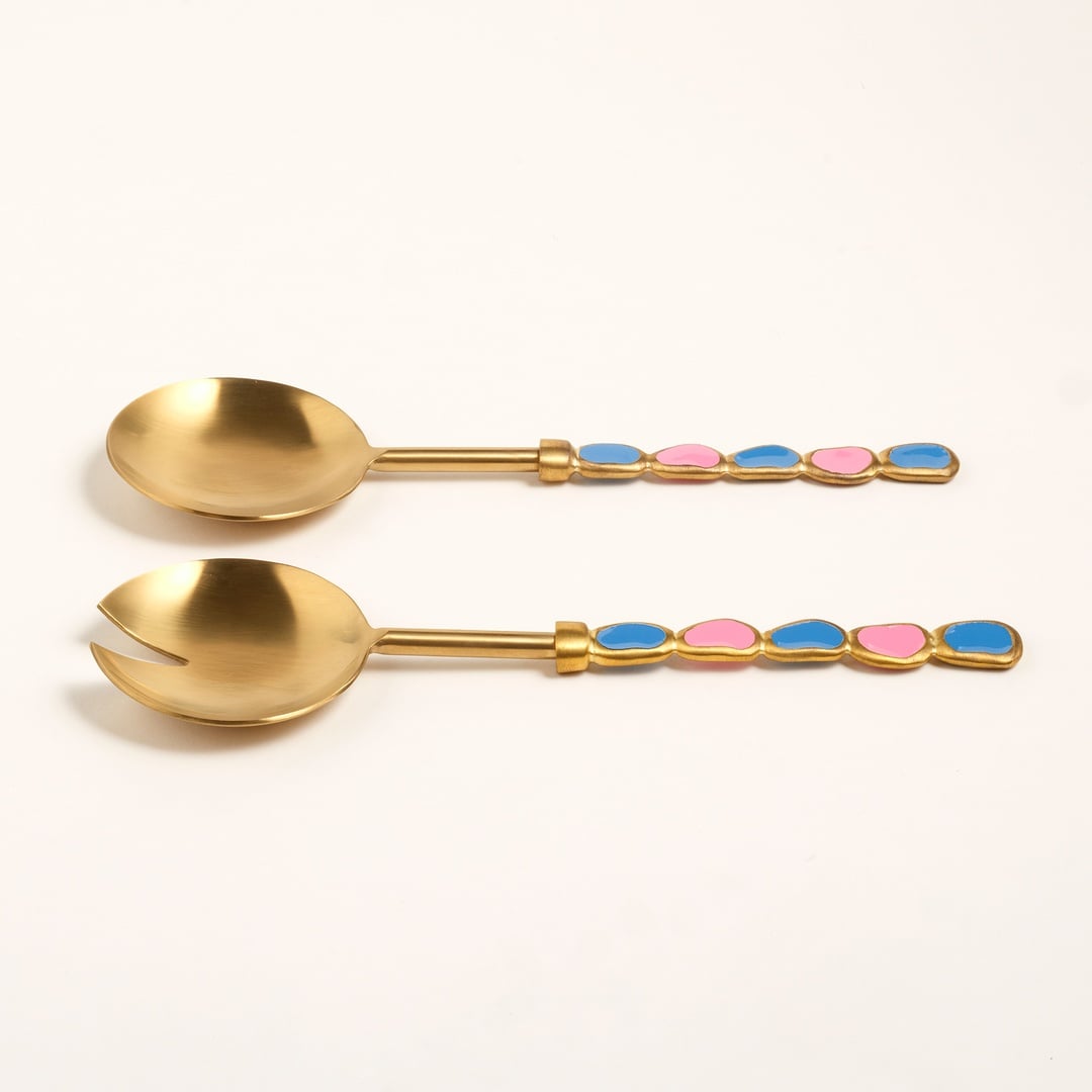 Rampur Çelik - Pirinç Salata Kaşık Seti 26 Cm Pembe - Mavi