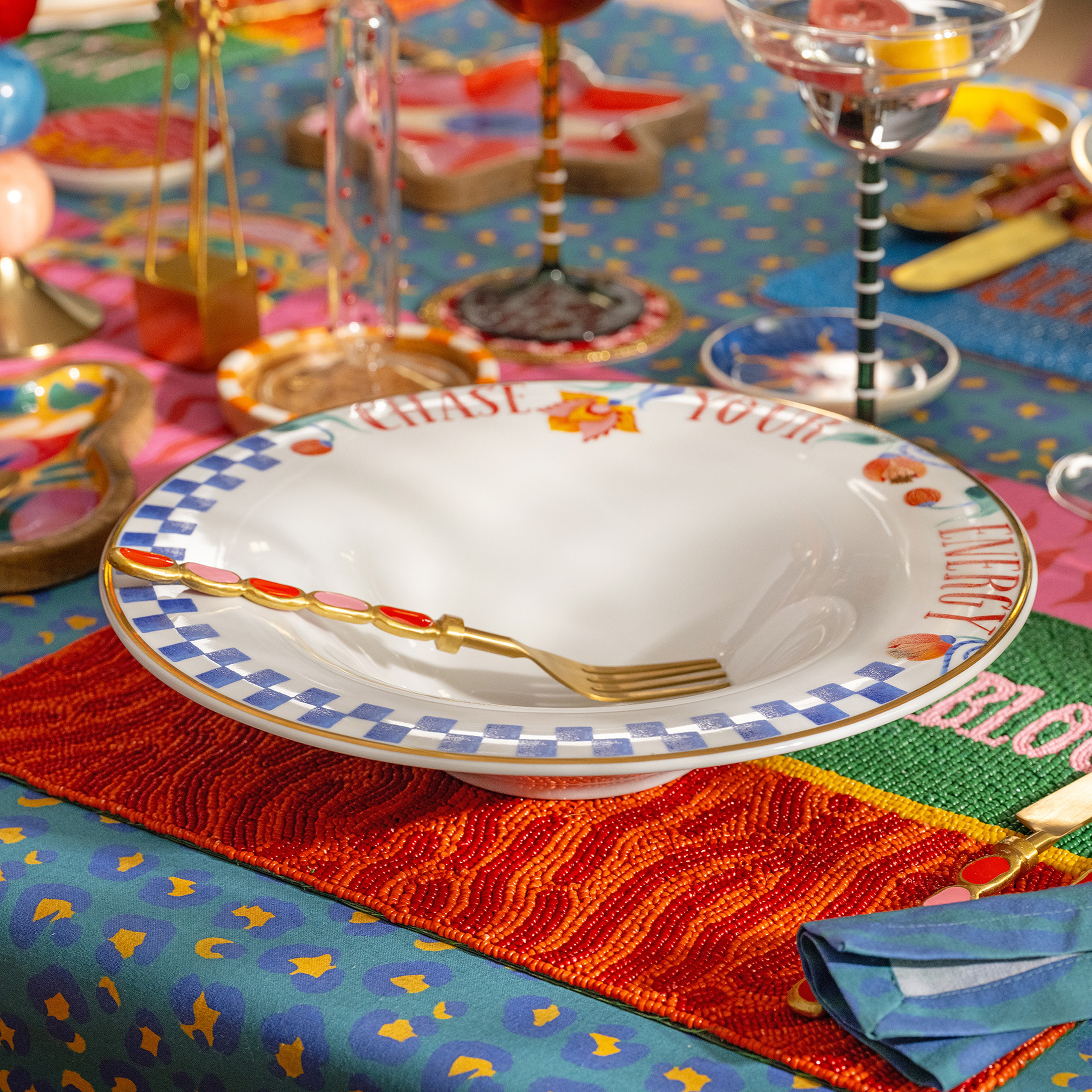 Lublın Porselen Makarna Tabağı 30x30x6.5 Cm Mavi-turuncu