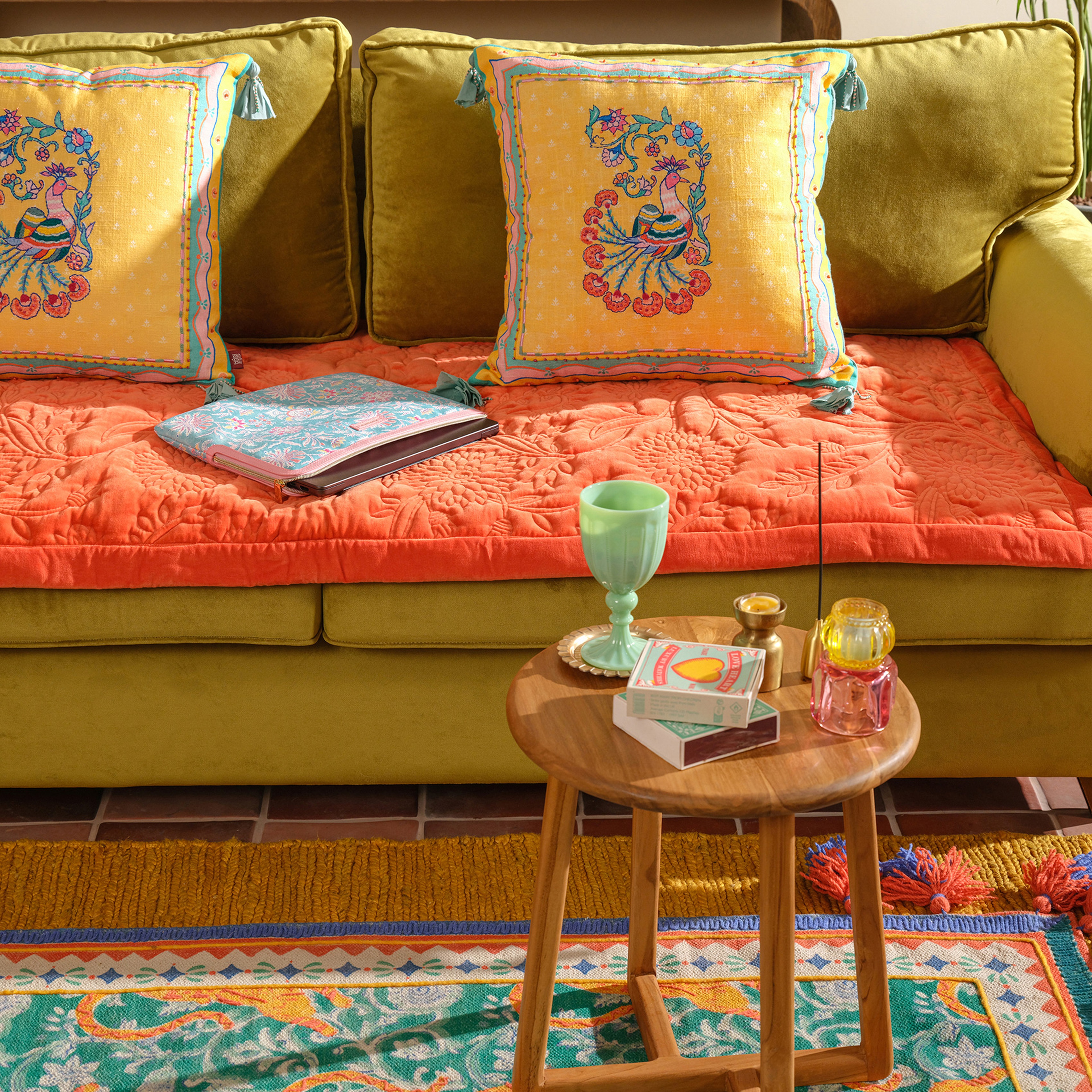 Okhla Pamuk Kadife Koltuk Matı 85x185 Cm Sarı - Turuncu