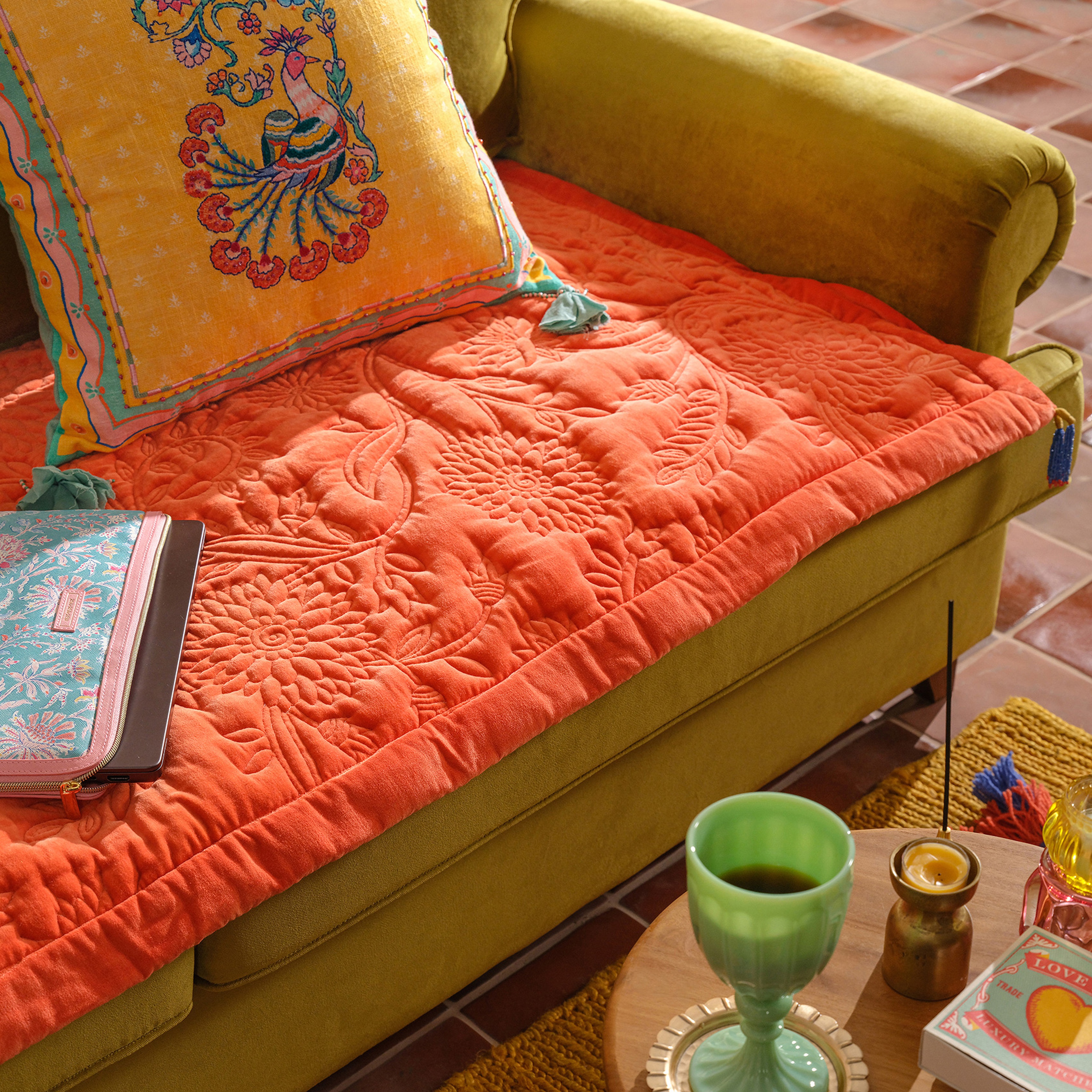 Okhla Pamuk Kadife Koltuk Matı 85x185 Cm Sarı - Turuncu