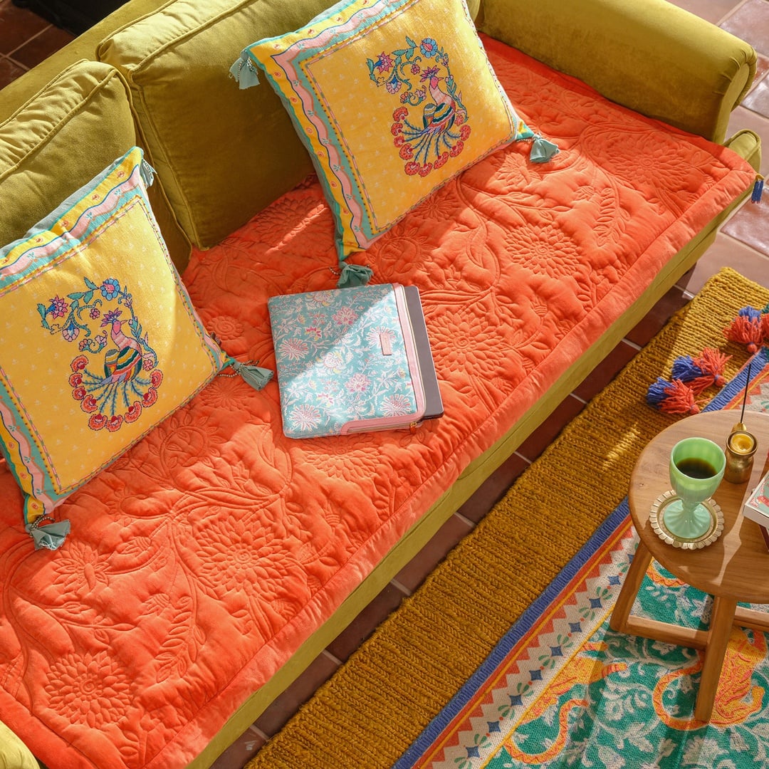 Okhla Pamuk Kadife Koltuk Matı 85x185 Cm Sarı - Turuncu