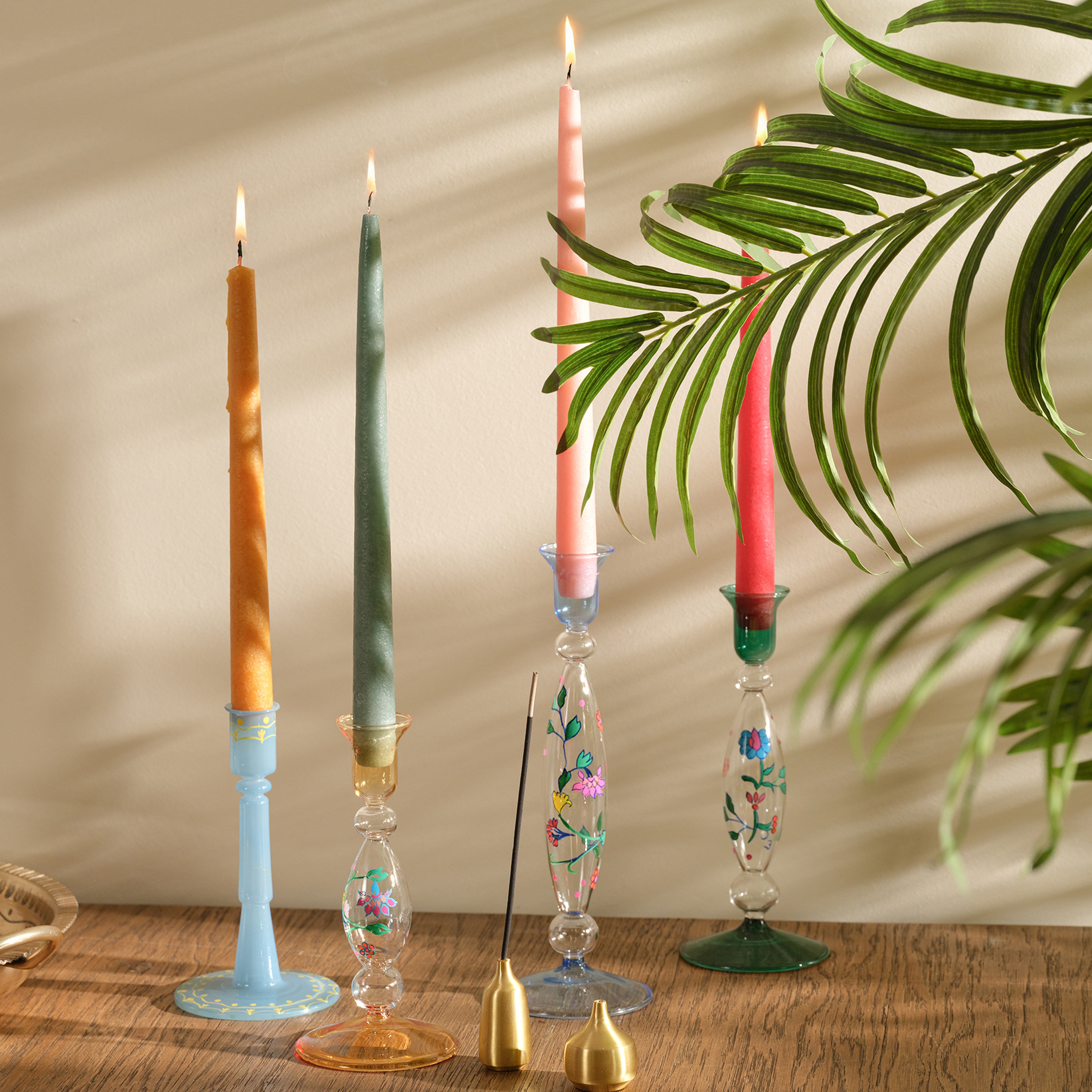 Aravalı El Boyaması Şamdan 9x9x18 Cm Mavi