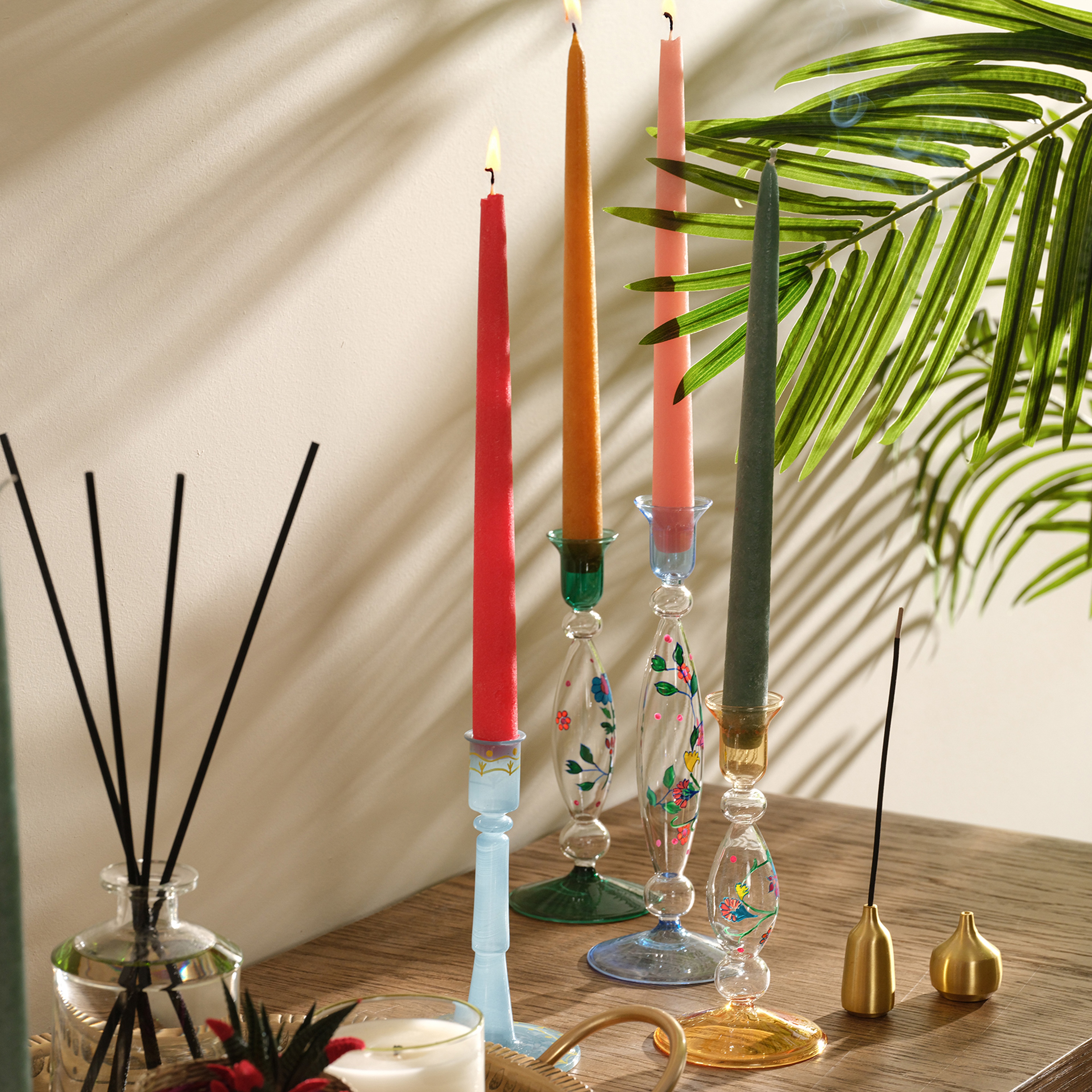 Aravalı El Boyaması Şamdan 9x9x18 Cm Mavi