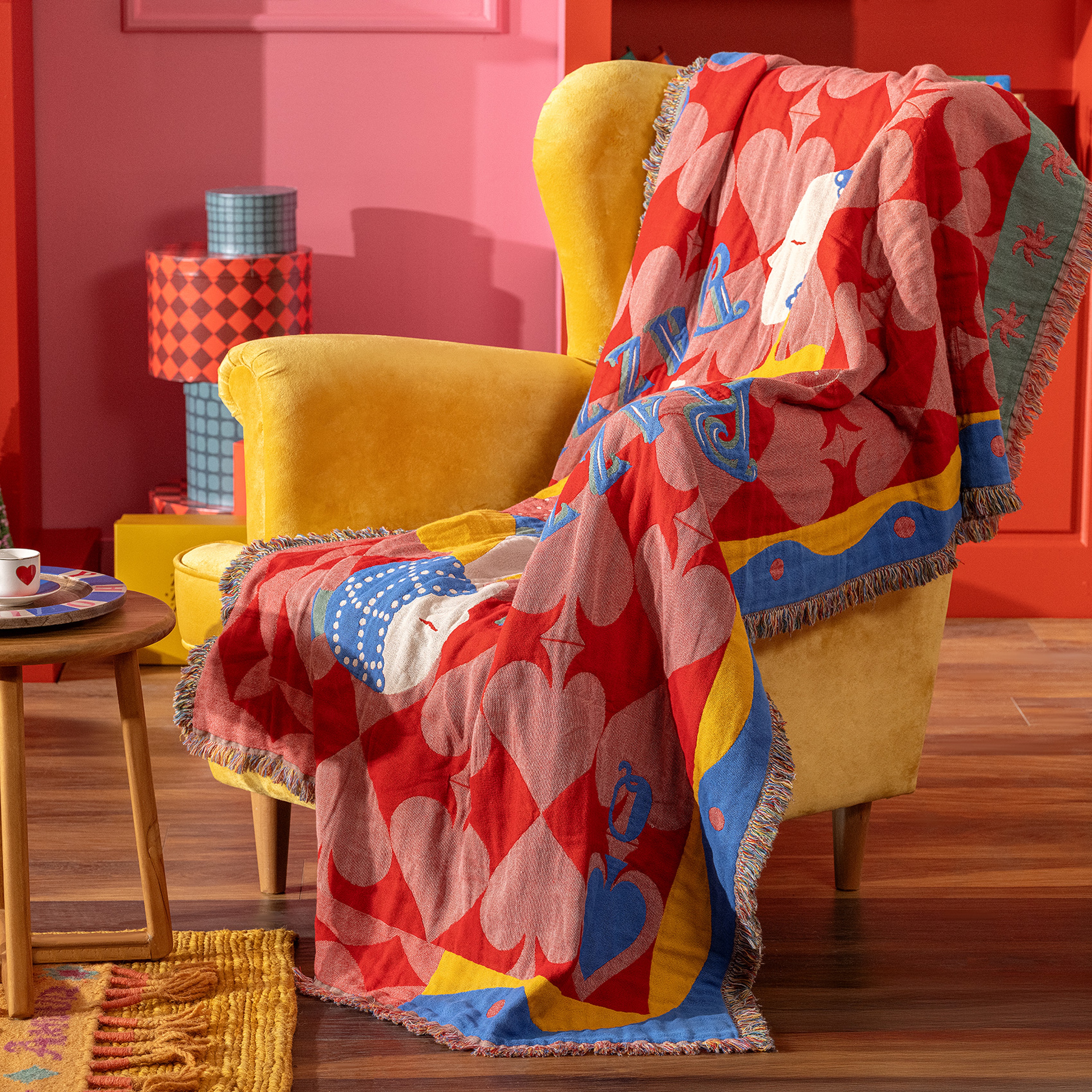 Novelas Saçaklı Jakarlı Pamuk Koltuk Şalı 137x180 Cm Kırmızı