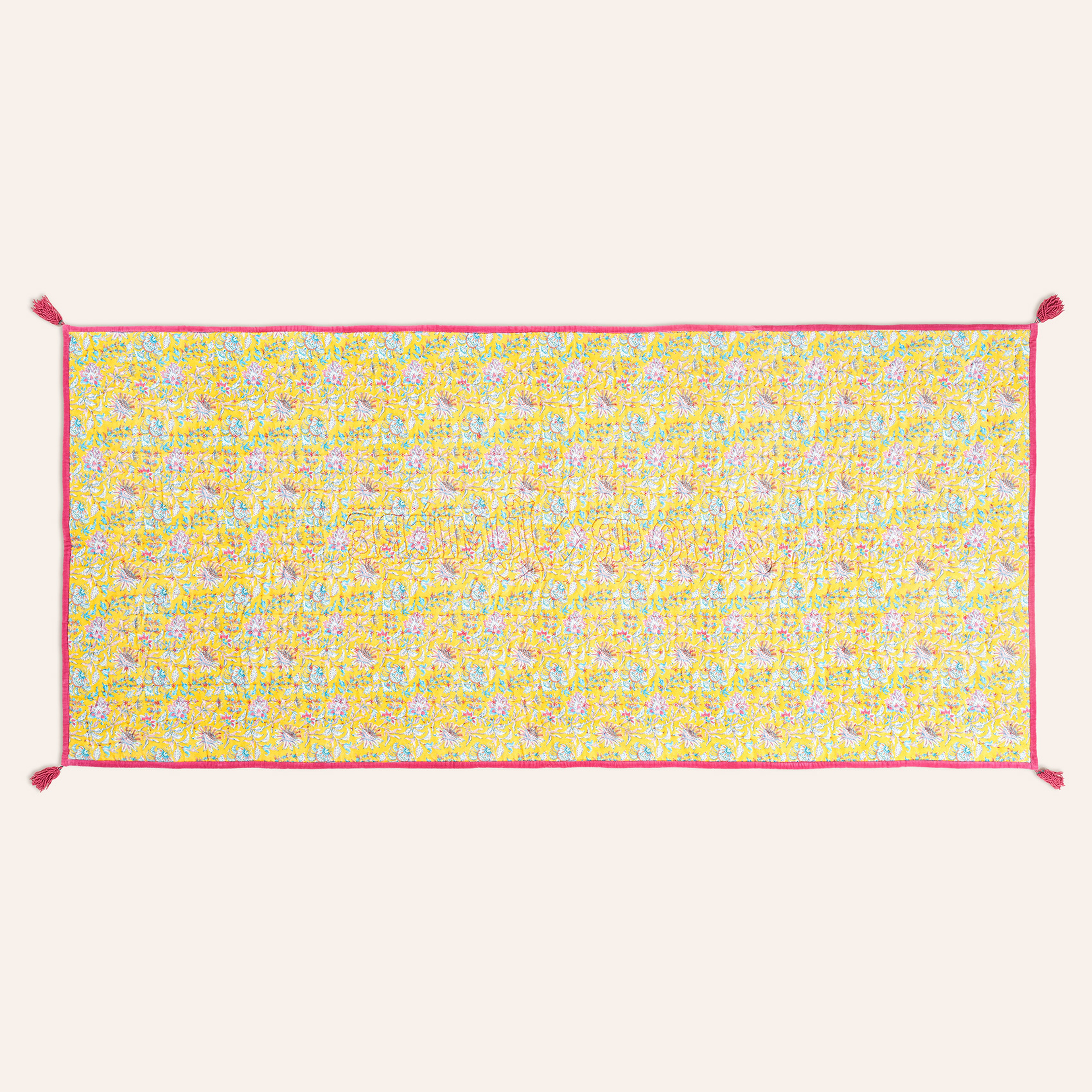 Okhla El İşi Püsküllü Kapitoneli Pamuk Kadife Koltuk Matı 85x185 Cm Fuşya