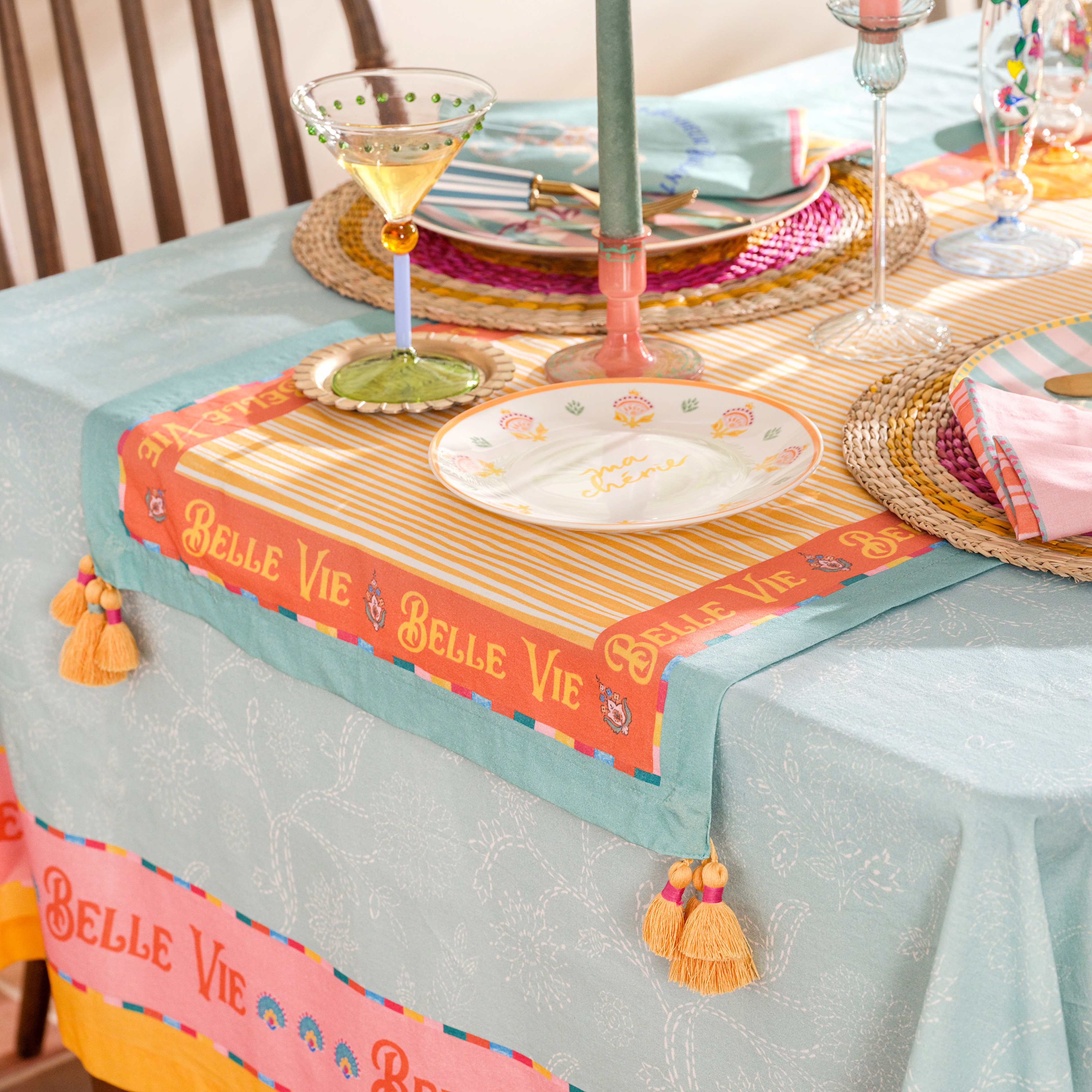 Nilüfer Dijital Baskılı Püsküllü Pamuk Runner 50x180 Cm Sarı