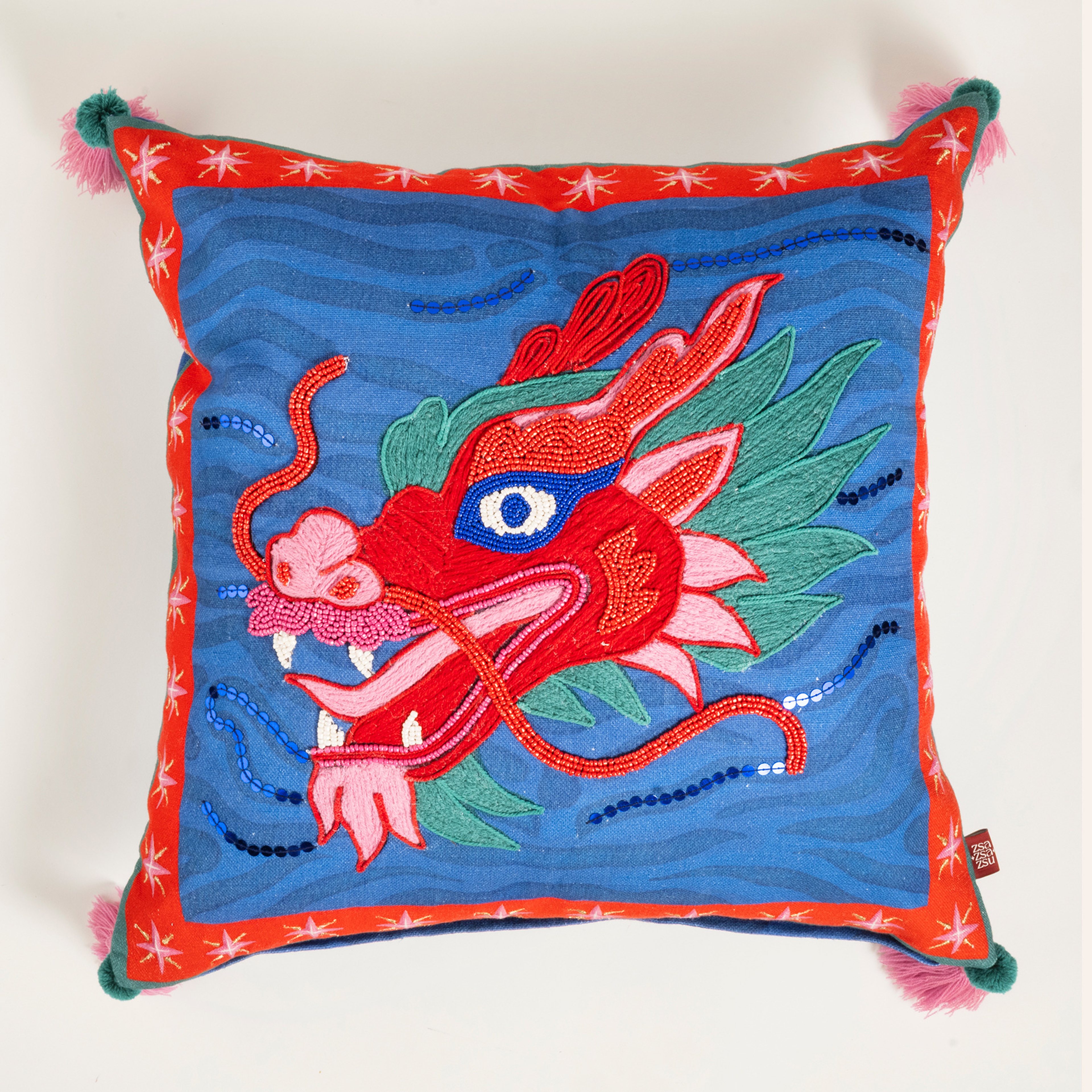 Ghunı Püsküllü Nakışlı Pamuk Dolgulu Kırlent 50x50 Cm Mavi