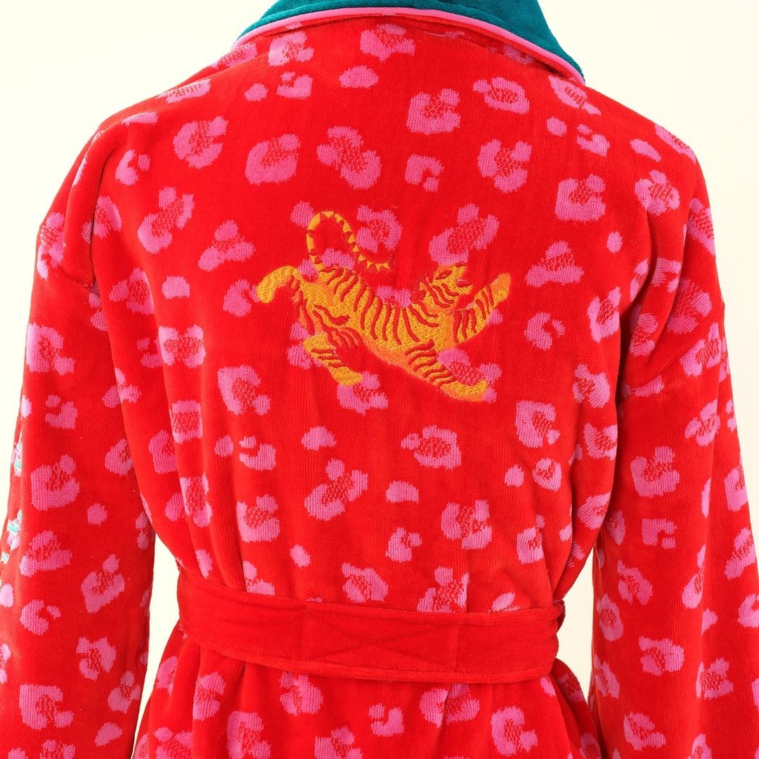 Tabea Desenli Nakışlı Pamuk Bornoz - Pembe - Kırmızı