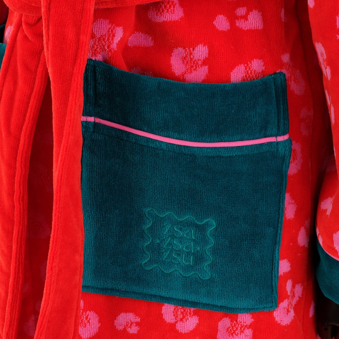 Tabea Desenli Nakışlı Pamuk Bornoz - Pembe - Kırmızı