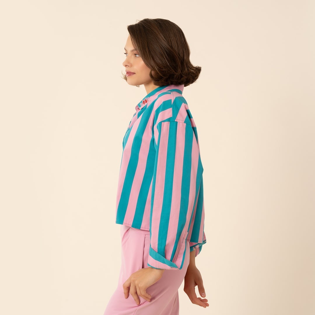 Protı Çizgili Poplin Gömlek - Pembe - Yeşil