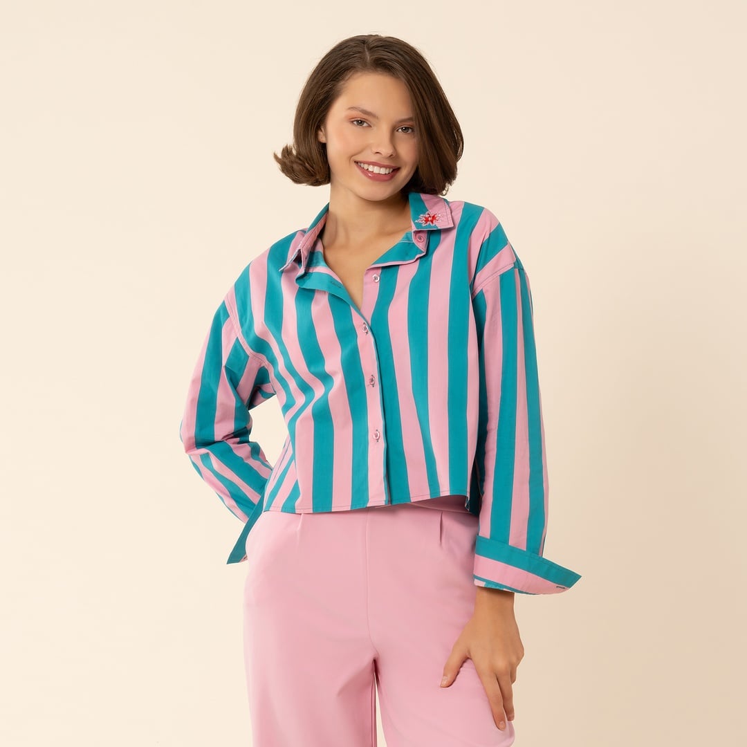 Protı Çizgili Poplin Gömlek - Pembe - Yeşil