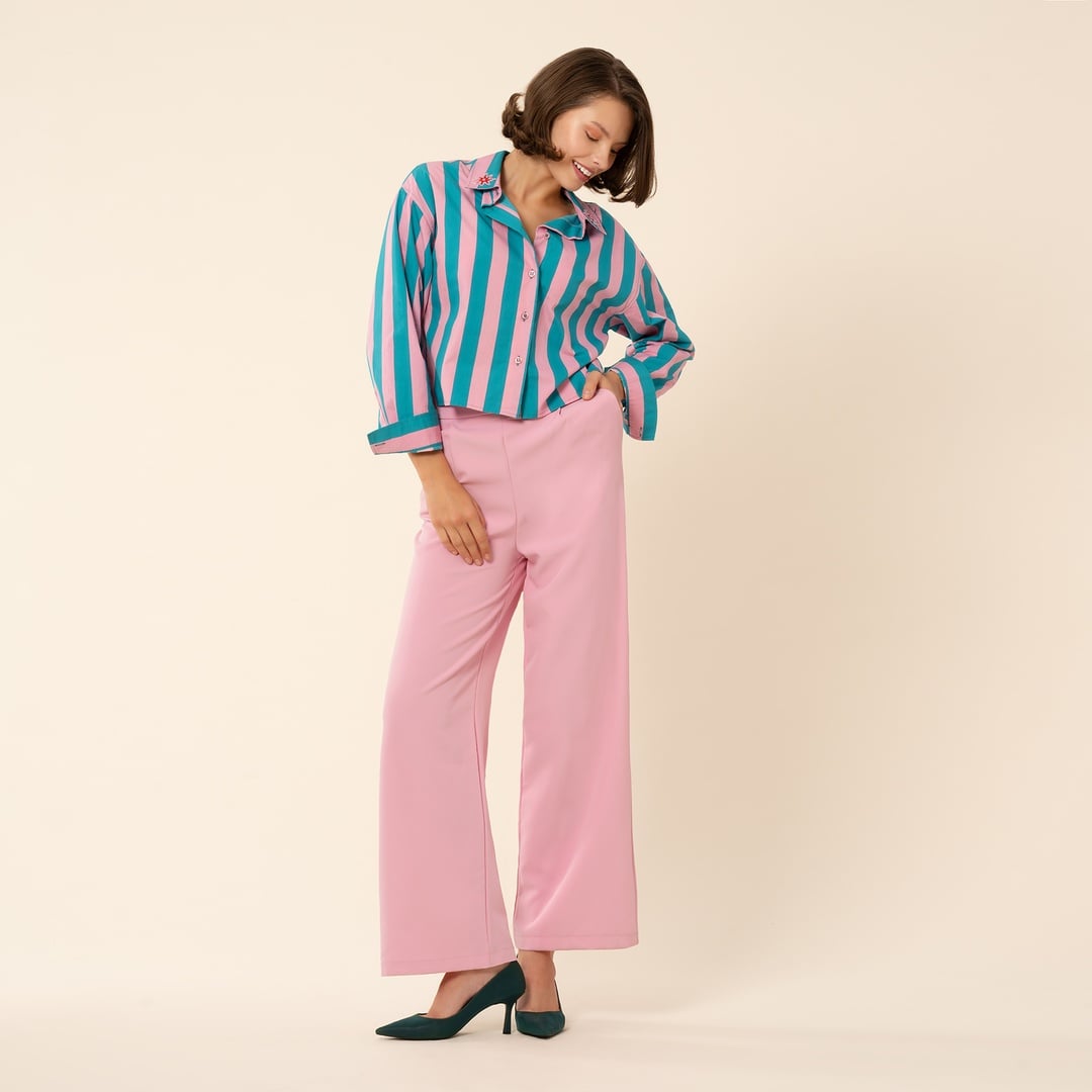 Protı Çizgili Poplin Gömlek - Pembe - Yeşil