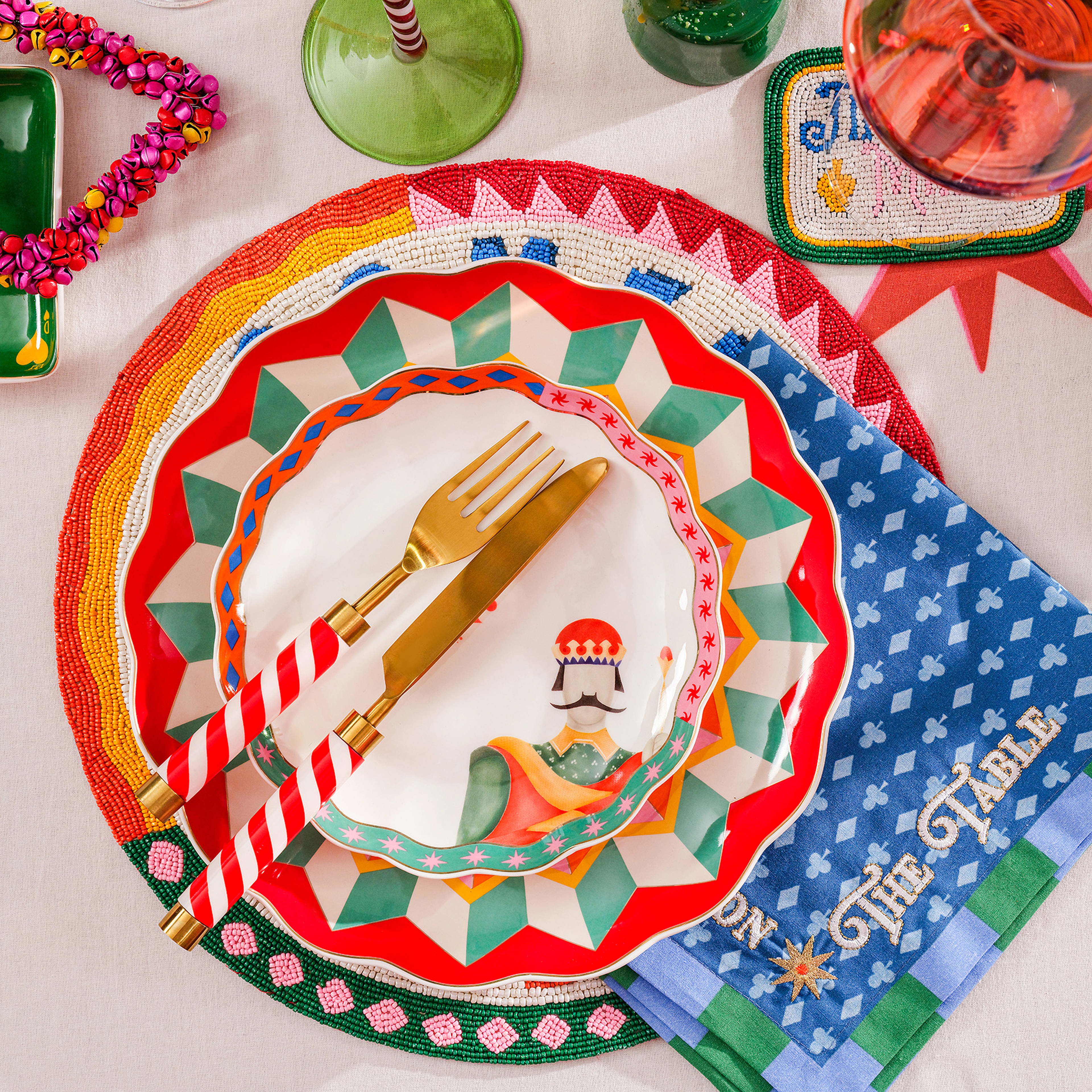 Nilüfer Dijital Baskılı Nakışlı Pamuk Peçete Seti 45x45 Cm Ekru - Mavi