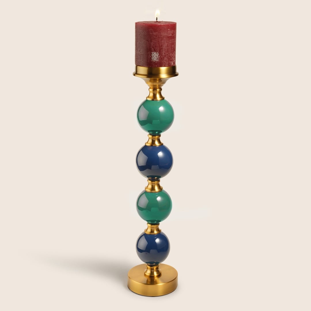 Tanbu Porselen Şamdan 12x12x54 Cm Koyu Mavi - Yeşil