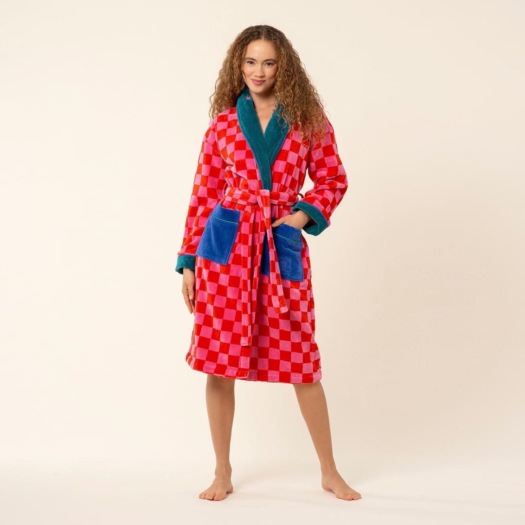 Tabea Nakışlı Kadife Pamuk Bornoz - Pembe - Kırmızı