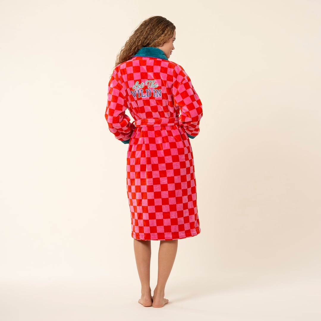 Tabea Nakışlı Kadife Pamuk Bornoz - Pembe - Kırmızı