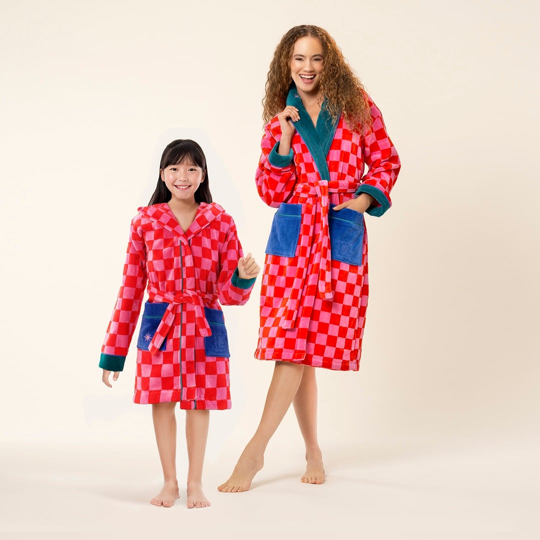 Tabea Nakışlı Kadife Pamuk Bornoz - Pembe - Kırmızı