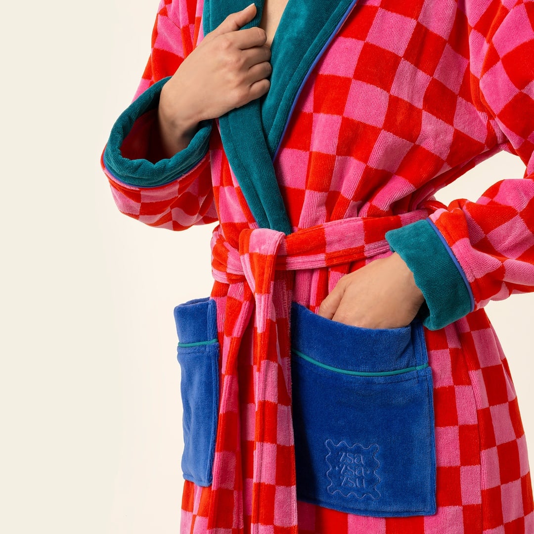 Tabea Nakışlı Kadife Pamuk Bornoz - Pembe - Kırmızı