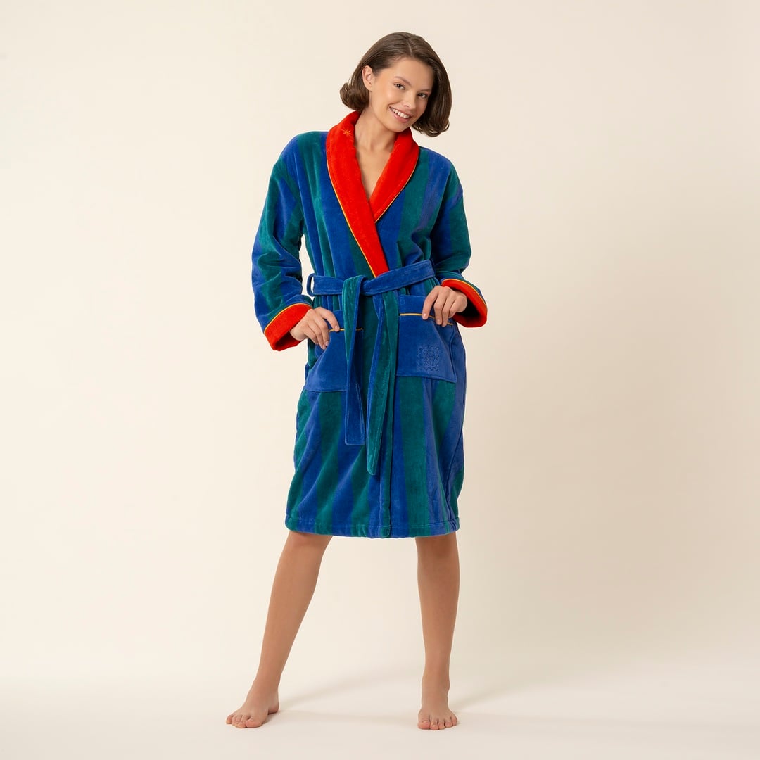 Tabea Nakışlı Kadife Pamuk Bornoz - Yeşil - Mavi