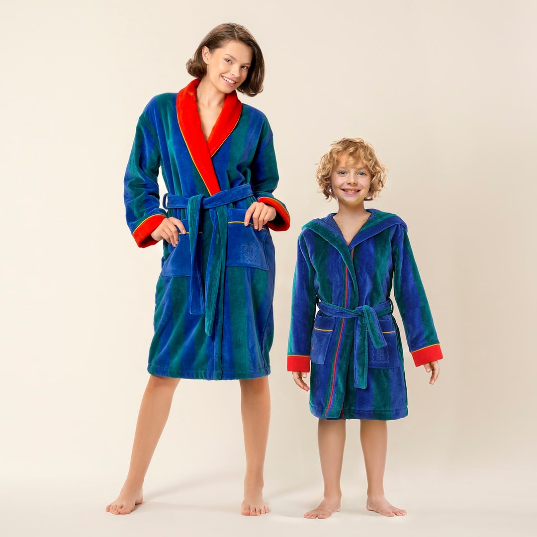 Tabea Nakışlı Kadife Pamuk Bornoz - Yeşil - Mavi