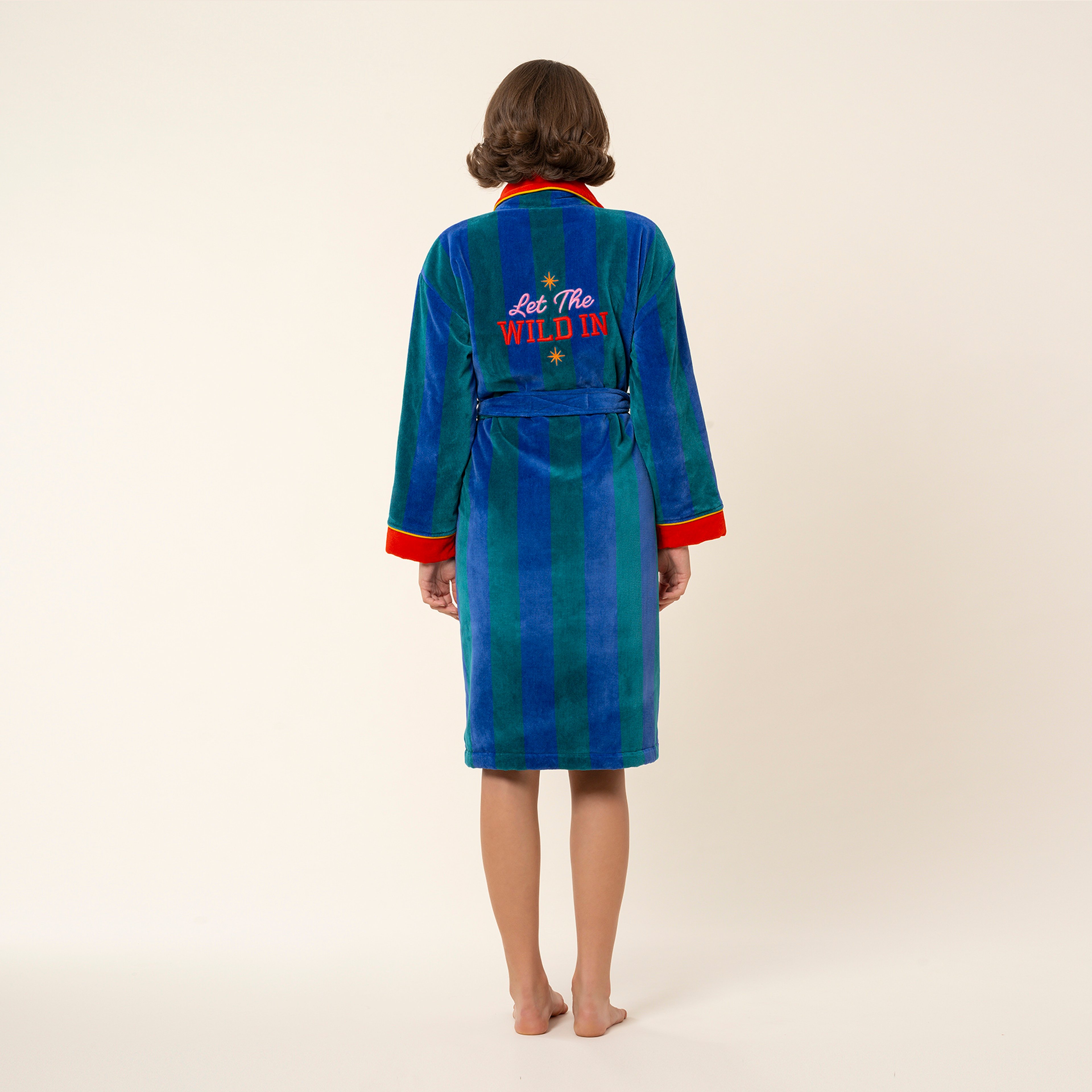 Tabea Nakışlı Kadife Pamuk Bornoz - Yeşil - Mavi