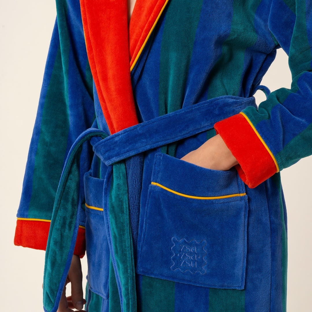 Tabea Nakışlı Kadife Pamuk Bornoz - Yeşil - Mavi