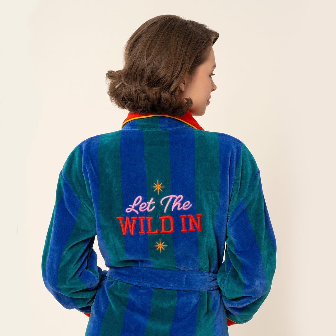 Tabea Nakışlı Kadife Pamuk Bornoz - Yeşil - Mavi