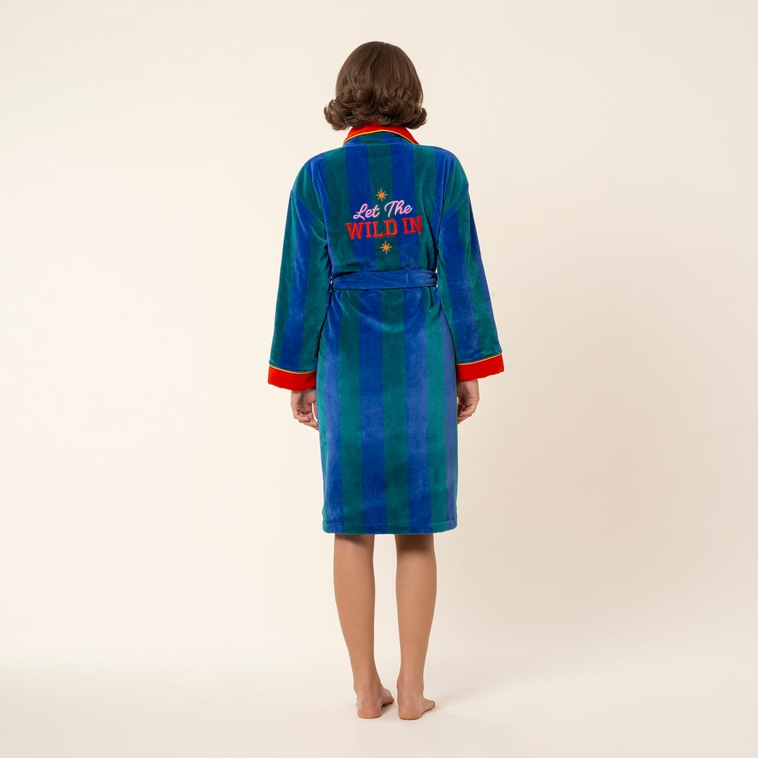 Tabea Nakışlı Kadife Pamuk Bornoz - Yeşil - Mavi