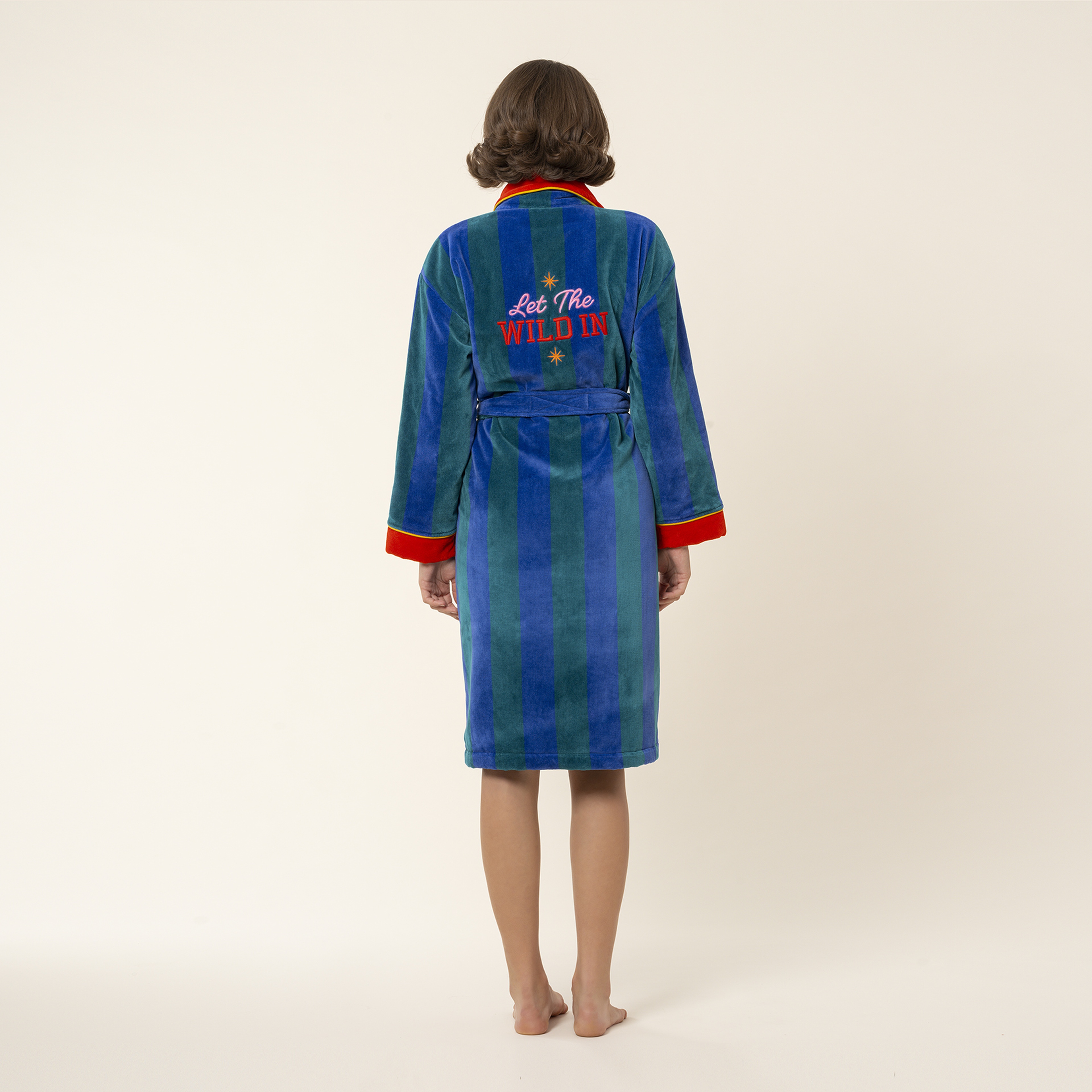 Tabea Nakışlı Kadife Pamuk Bornoz - Yeşil - Mavi