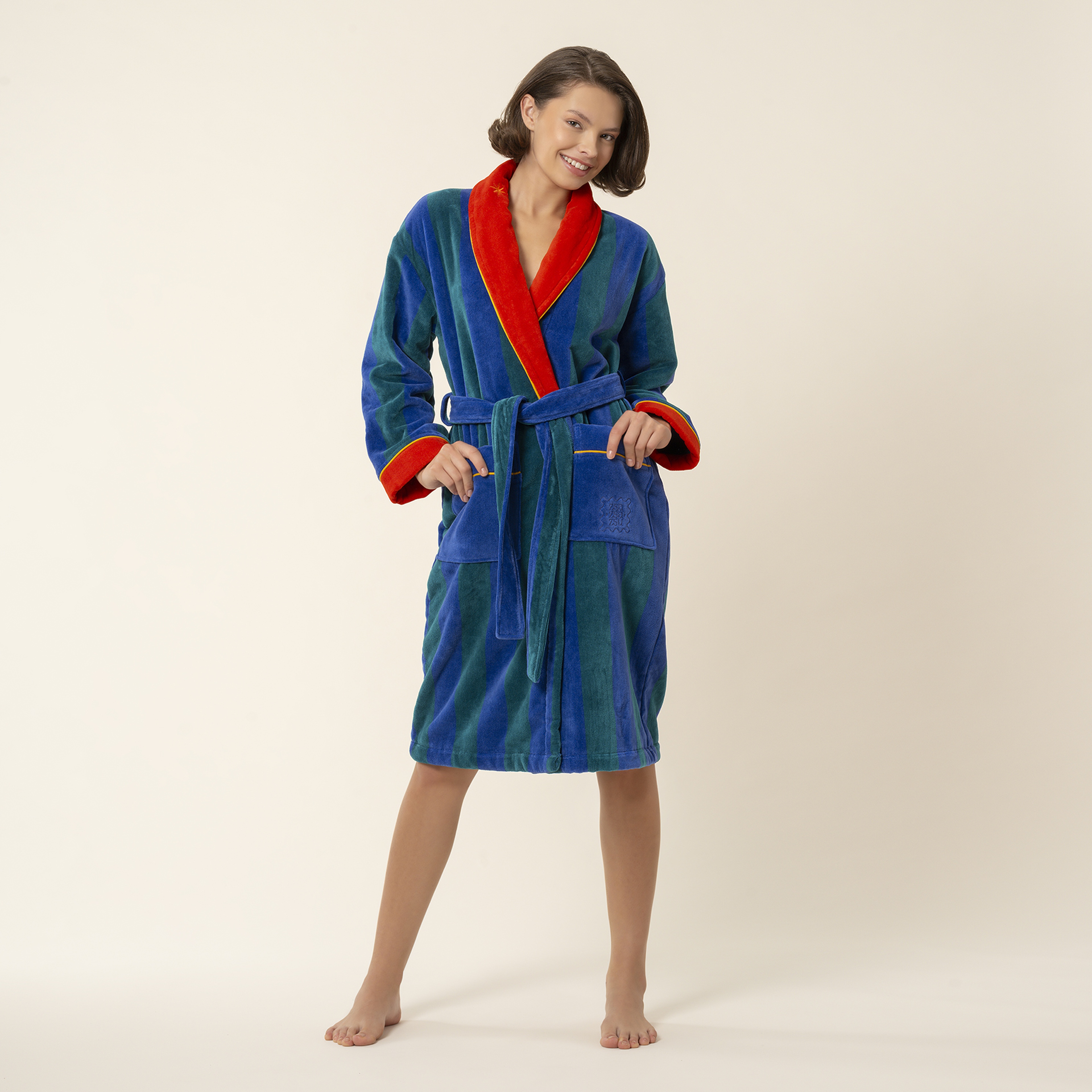 Tabea Nakışlı Kadife Pamuk Bornoz - Yeşil - Mavi