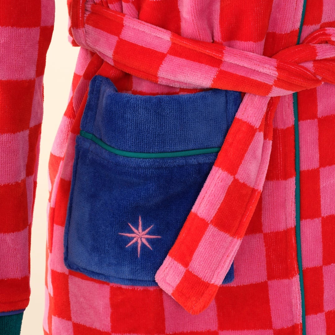 Tabea Damalı Kadife Pamuk Çocuk Bornoz - Pembe - Kırmızı