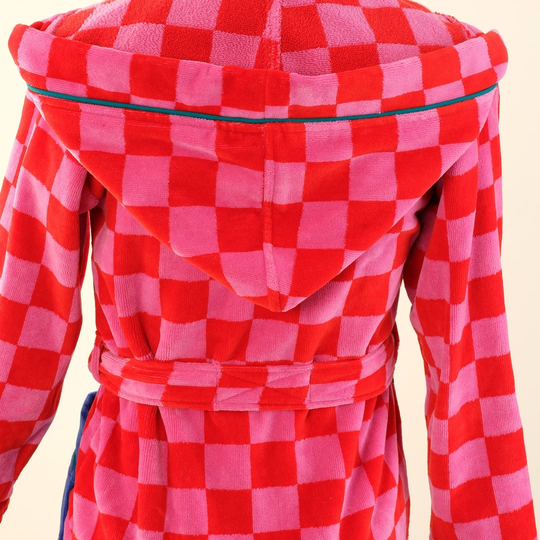 Tabea Damalı Kadife Pamuk Çocuk Bornoz - Pembe - Kırmızı