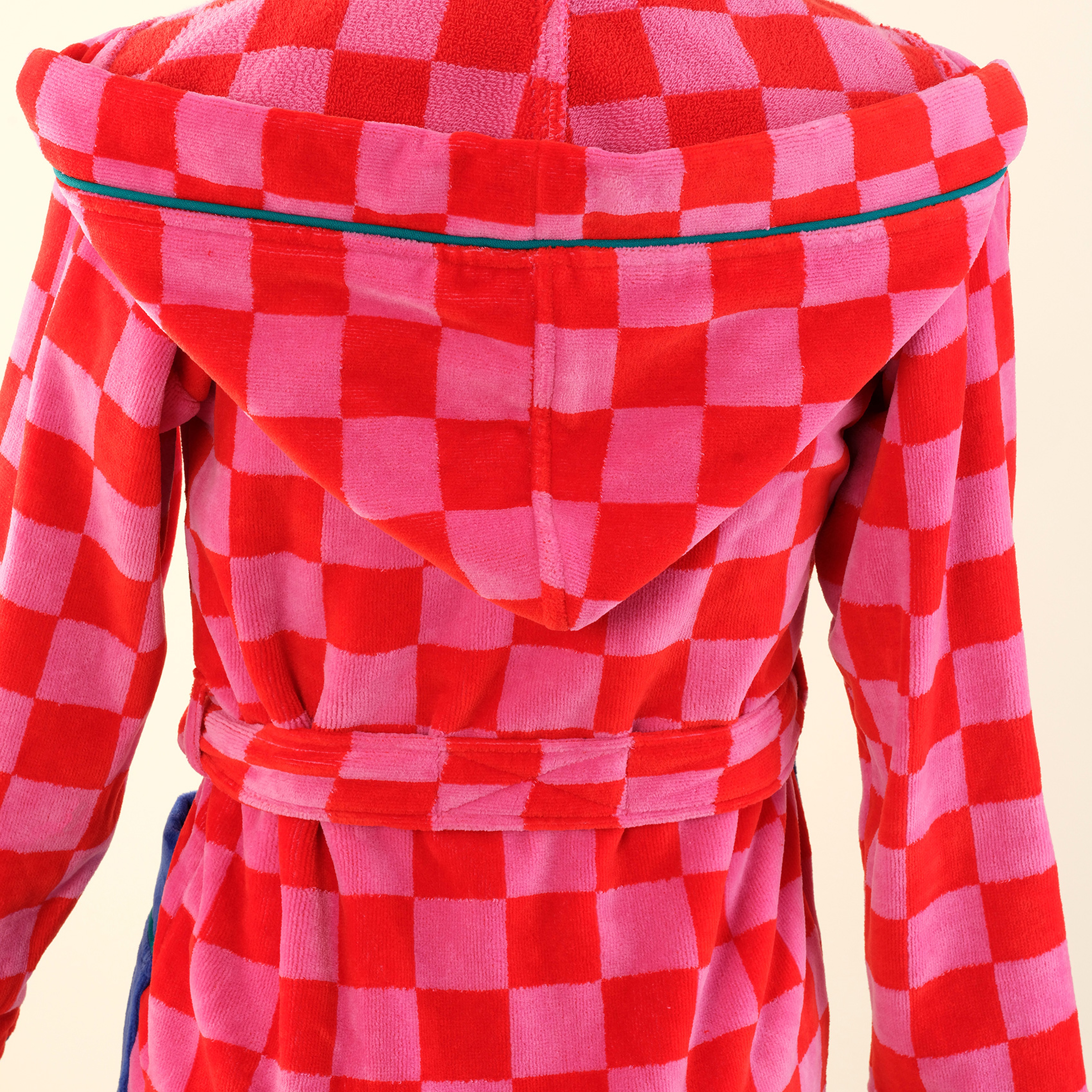 Tabea Damalı Kadife Pamuk Çocuk Bornoz - Pembe - Kırmızı