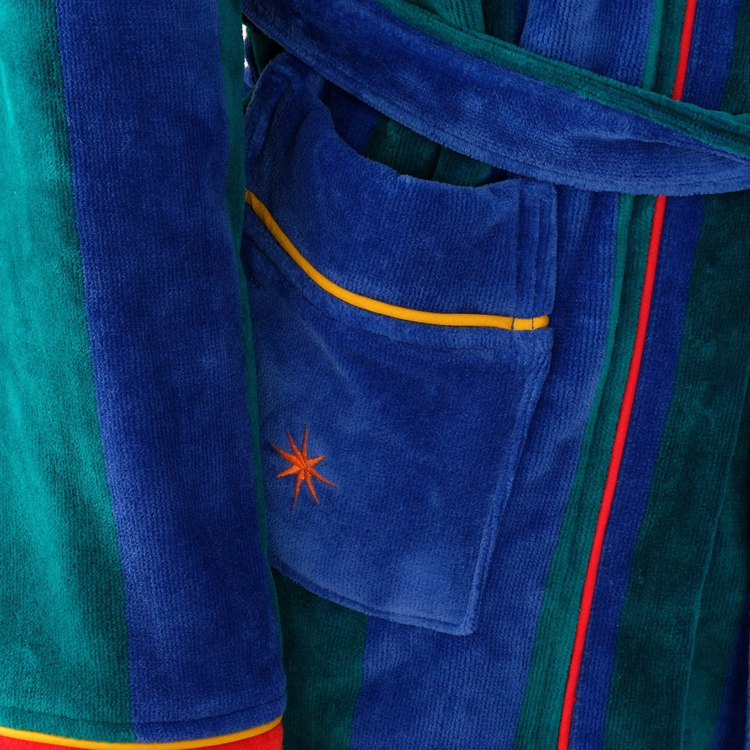 Tabea Çizgili Kadife Pamuk Çocuk Bornoz - Yeşil - Mavi