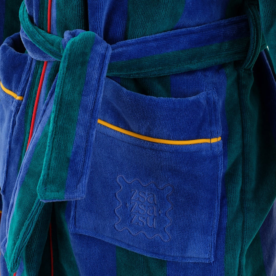 Tabea Çizgili Kadife Pamuk Çocuk Bornoz - Yeşil - Mavi