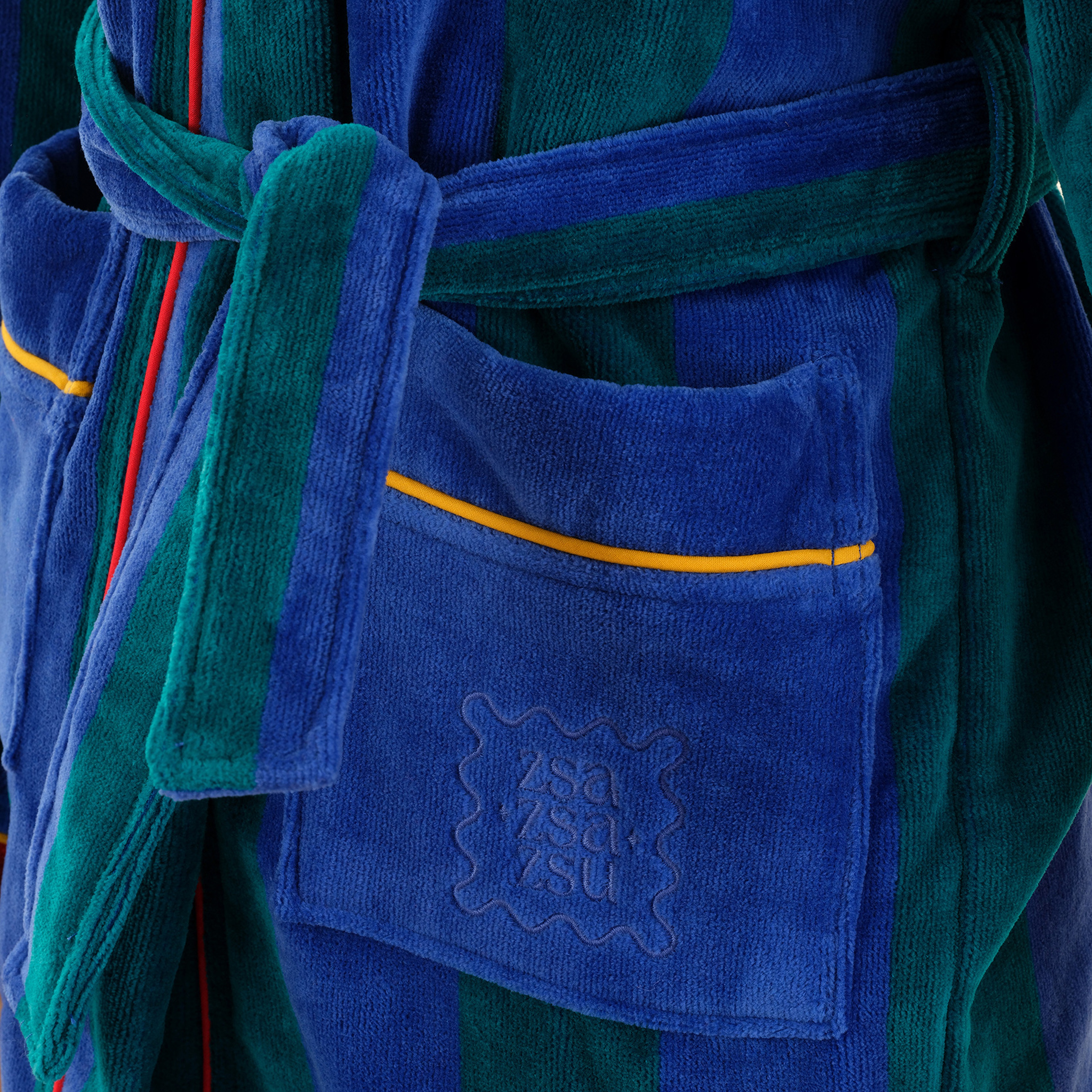 Tabea Çizgili Kadife Pamuk Çocuk Bornoz - Yeşil - Mavi