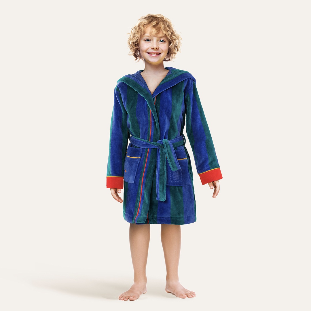 Tabea Çizgili Kadife Pamuk Çocuk Bornoz - Yeşil - Mavi
