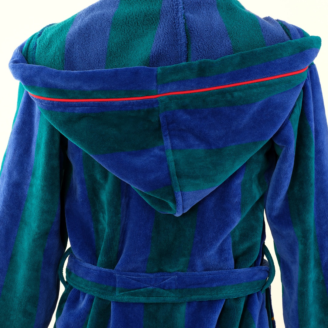 Tabea Çizgili Kadife Pamuk Çocuk Bornoz - Yeşil - Mavi