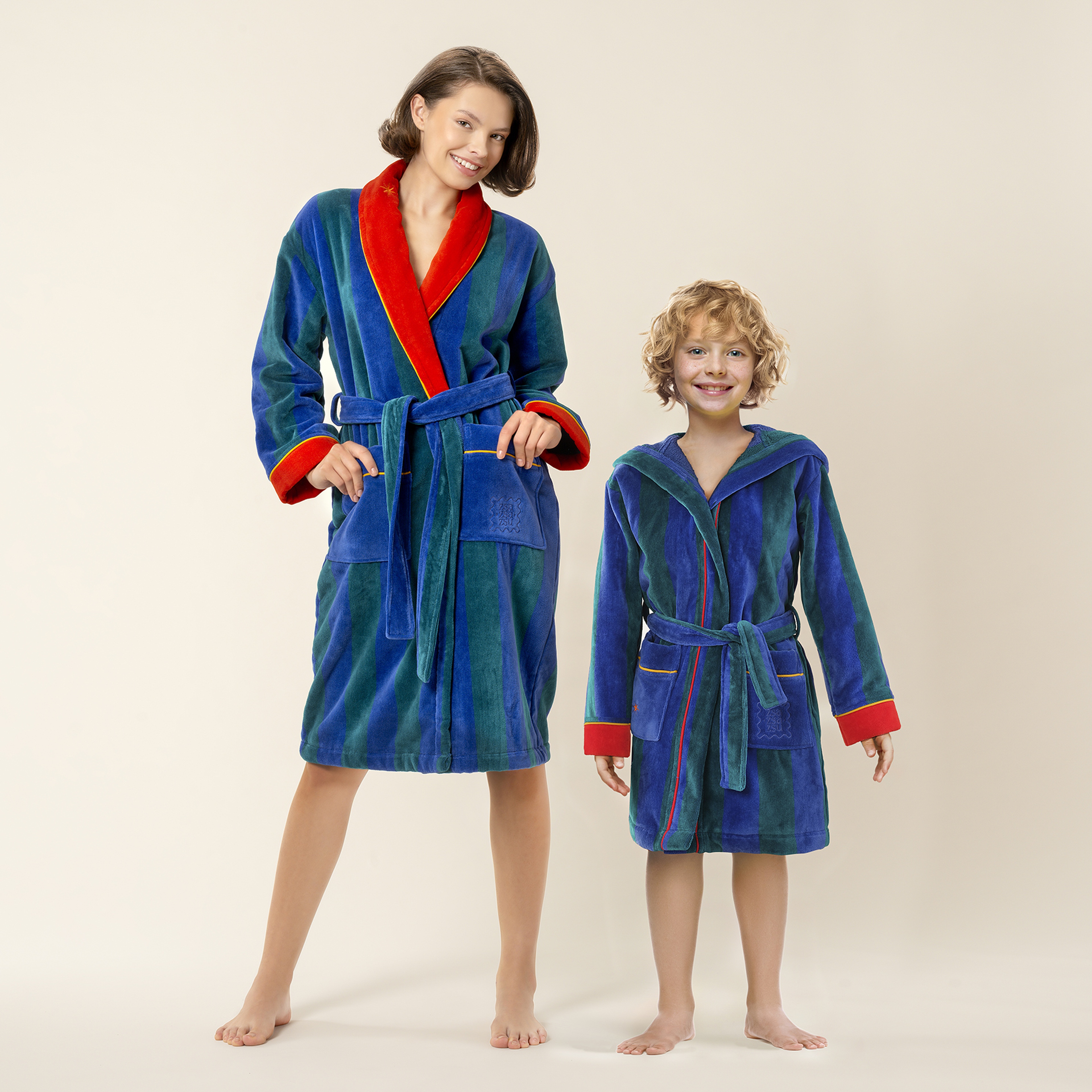 Tabea Çizgili Kadife Pamuk Çocuk Bornoz - Yeşil - Mavi