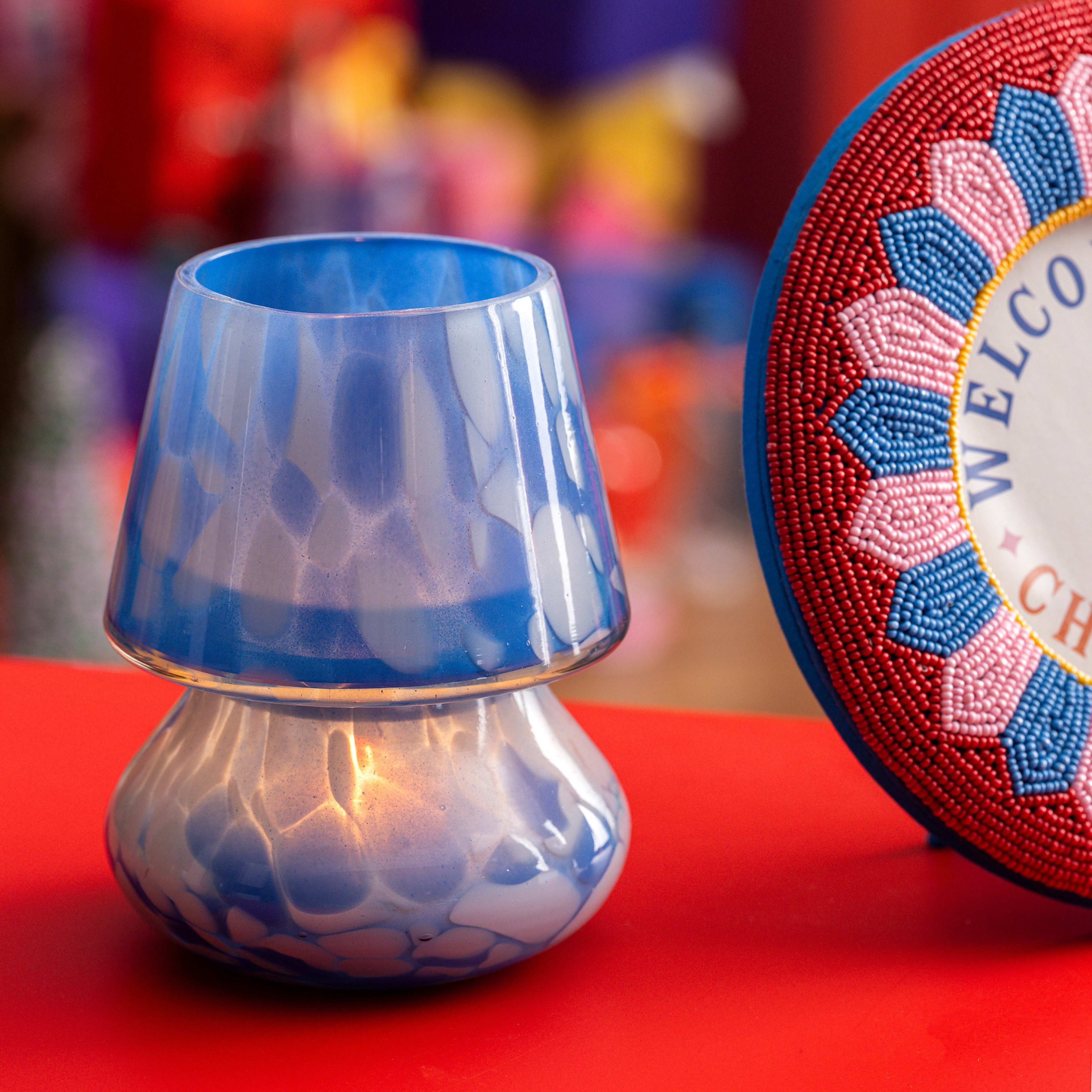 Aravalı Cam Mumluk 10x10x13 Cm Mavi - Beyaz