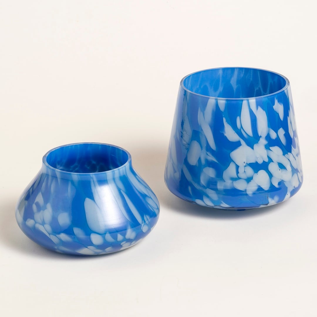 Aravalı Cam Mumluk 10x10x13 Cm Mavi - Beyaz