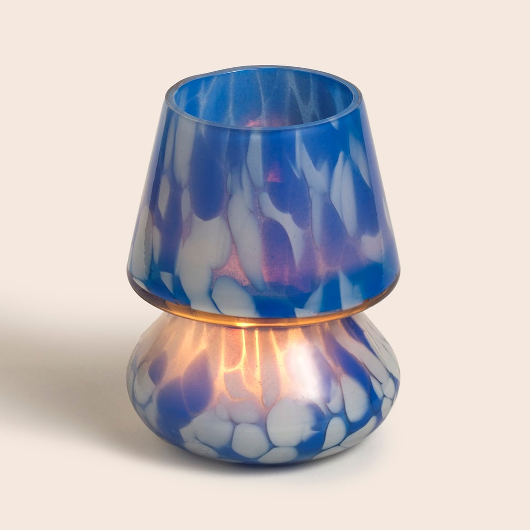 Aravalı Cam Mumluk 10x10x13 Cm Mavi - Beyaz