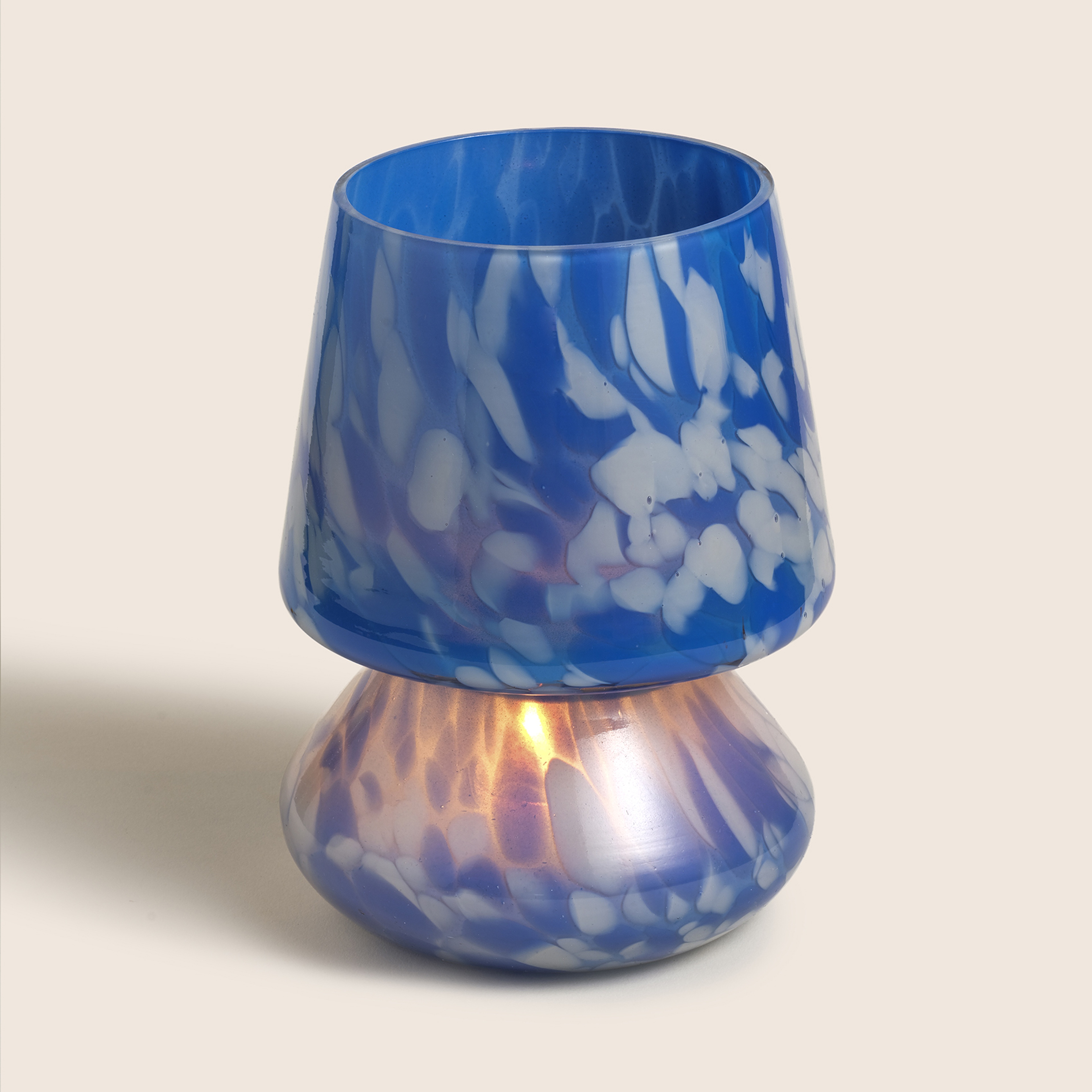 Aravalı Cam Mumluk 14x14x18 Cm Mavi - Beyaz