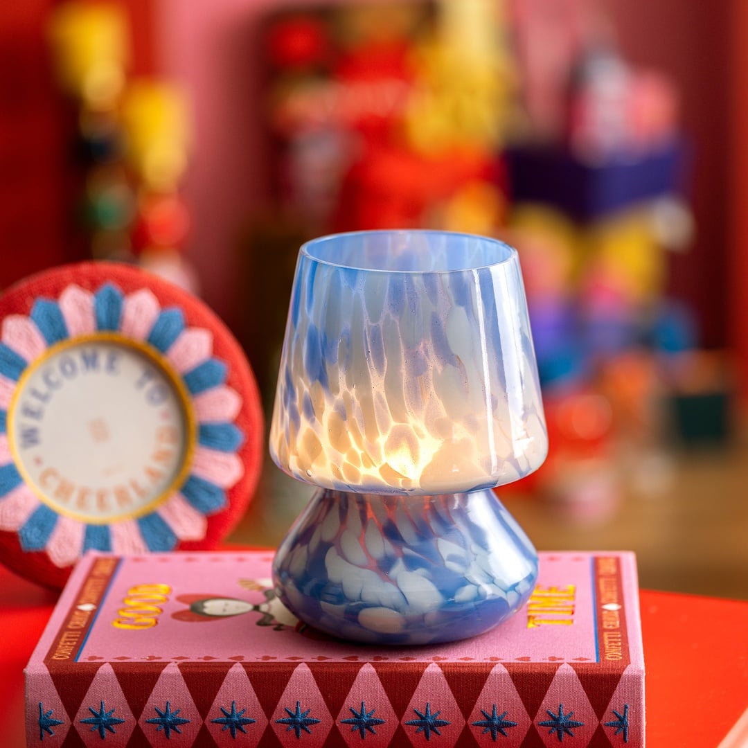 Aravalı Cam Mumluk 14x14x18 Cm Mavi - Beyaz