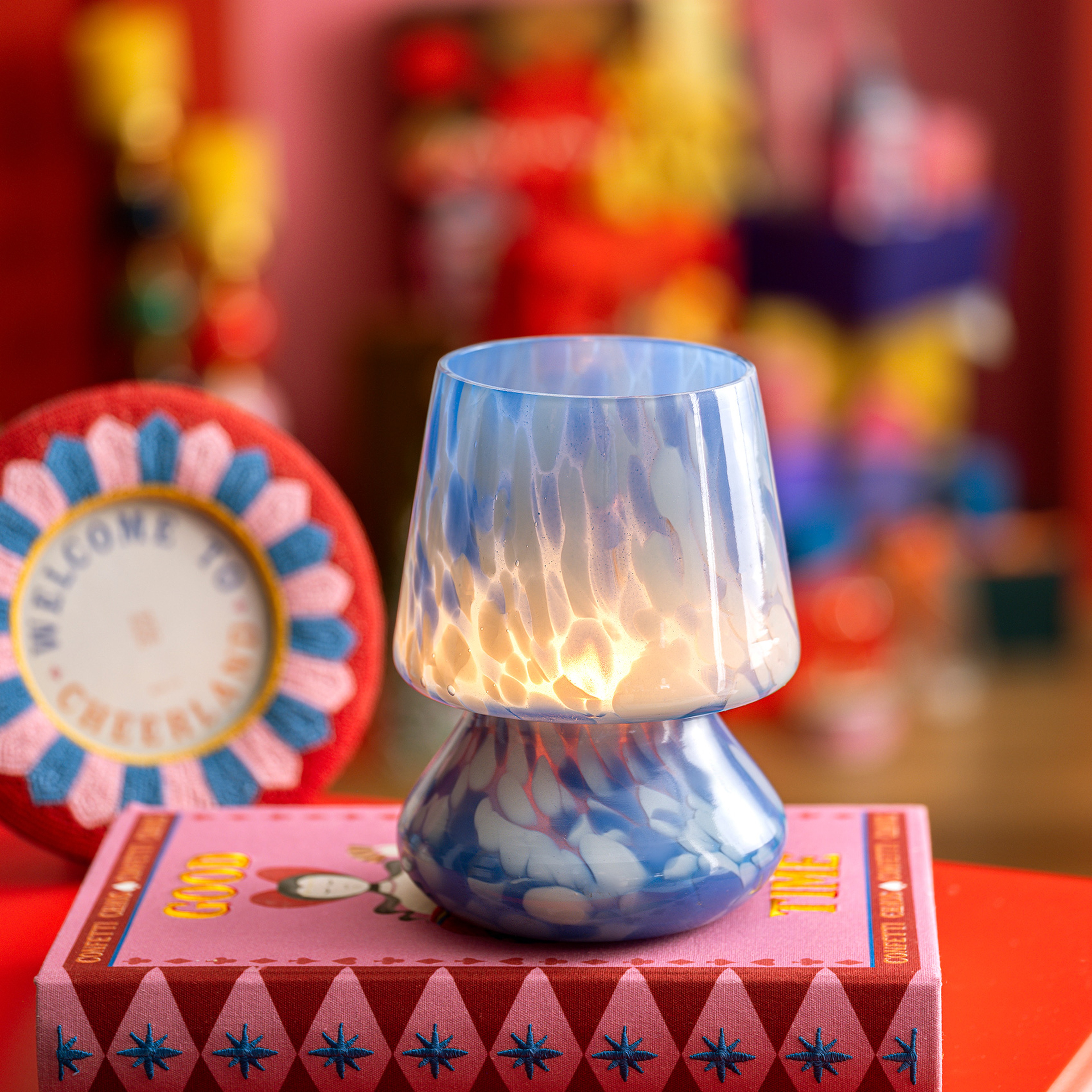 Aravalı Cam Mumluk 14x14x18 Cm Mavi - Beyaz