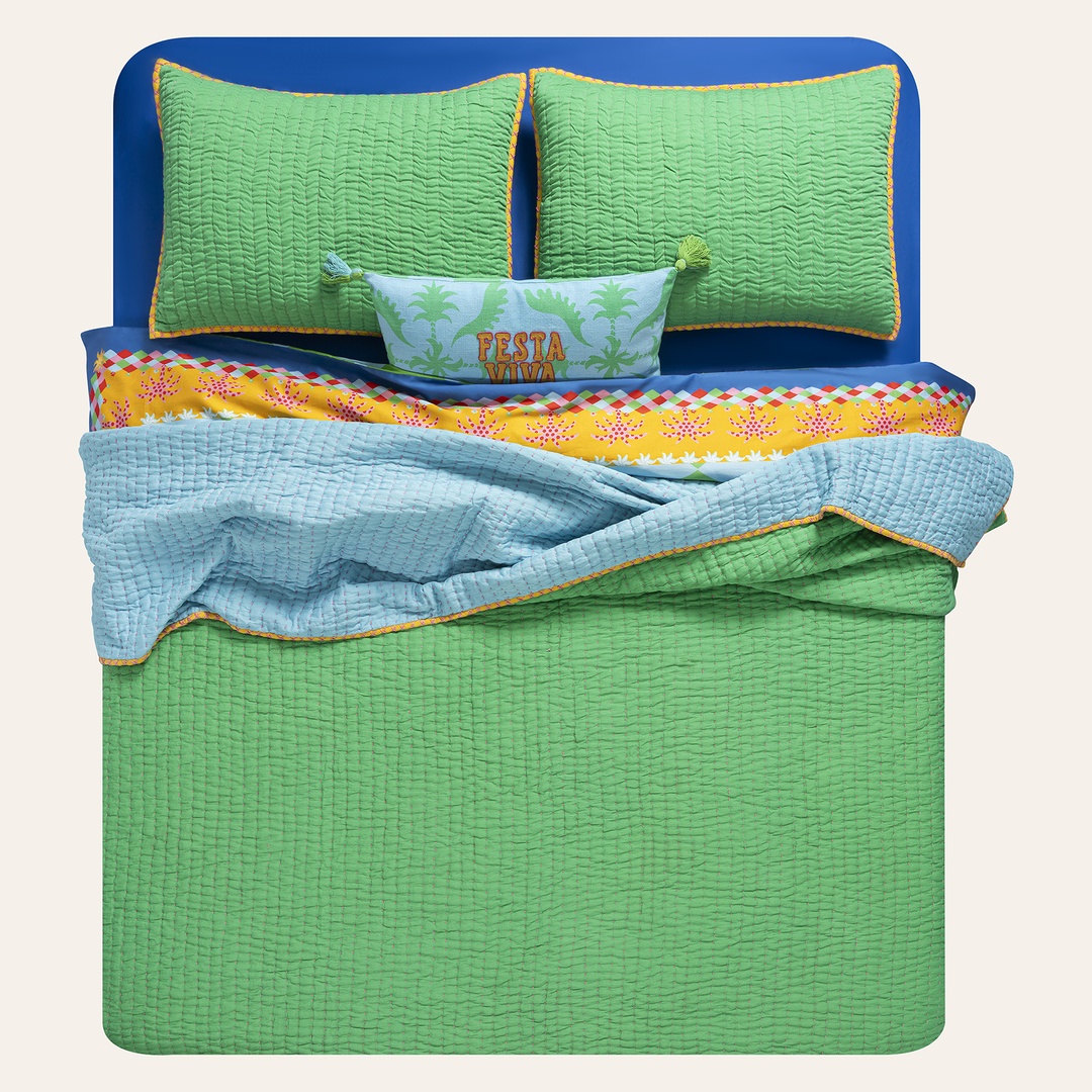 Okhla Yeşil - Mavi Pamuk Saten Yatak Örtüsü Seti