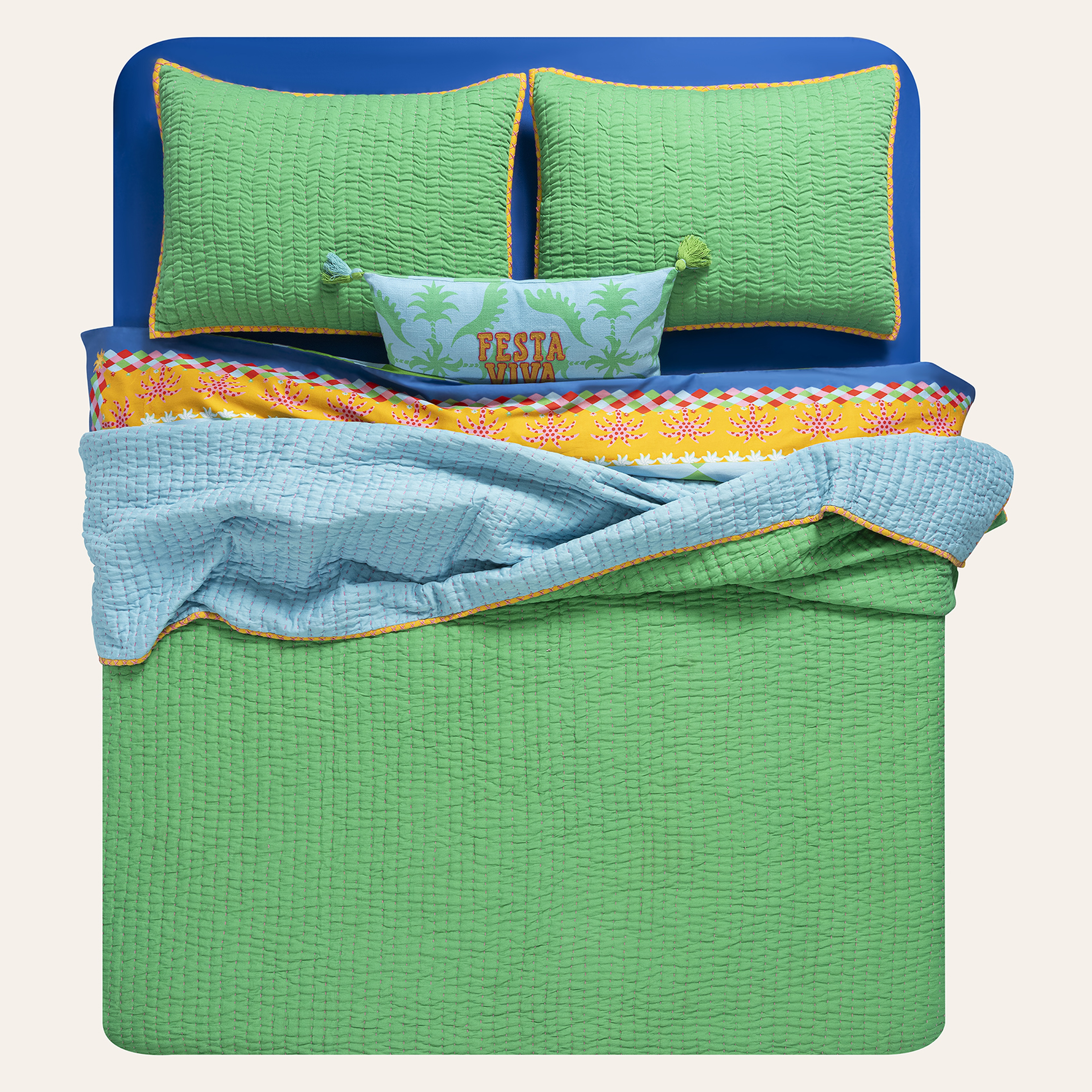 Okhla Yeşil - Mavi Kıng Sıze Pamuk Saten Yatak Örtüsü Seti